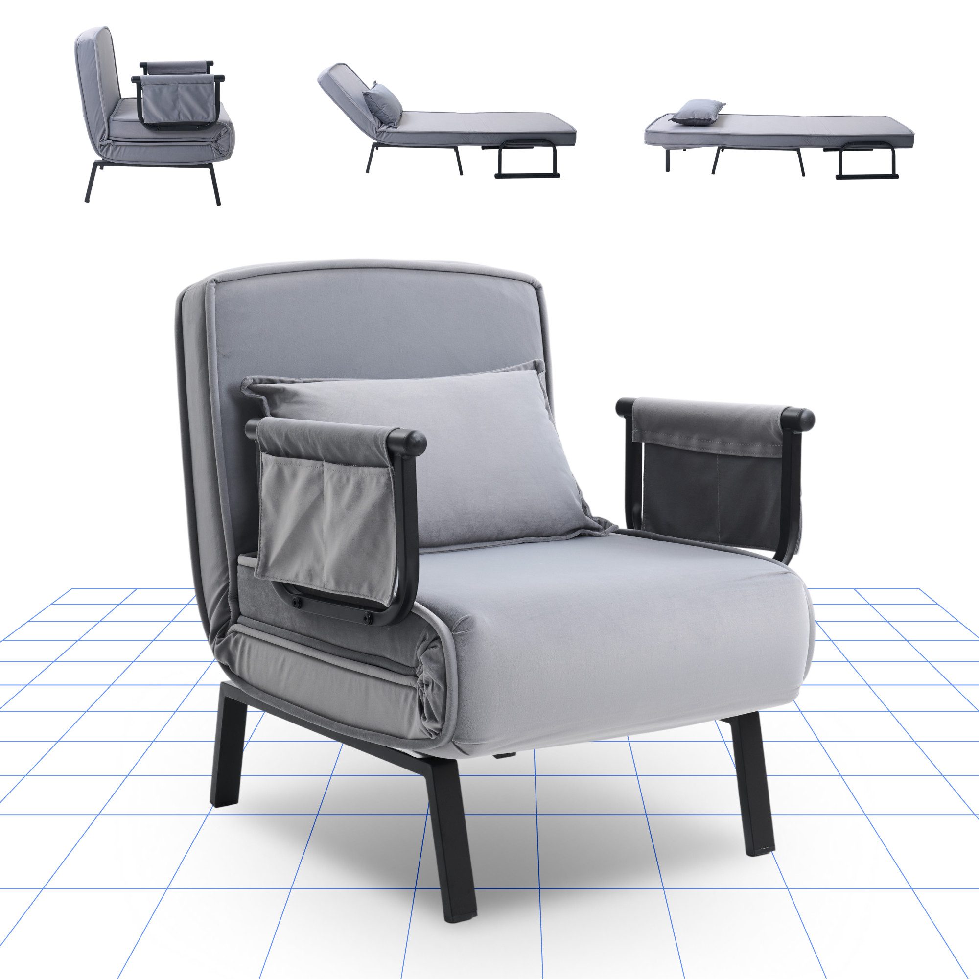 FLEXISPOT Loungesessel 3-in-1 Schlafsessel mit Bettfunktion, Verstellbare Rückenlehne (Gästebett & Schlafsofa aus Leinen mit Seitentasche, Klappbare Beine), Platzsparend für Wohnzimmer, Schlafzimmer oder Büro