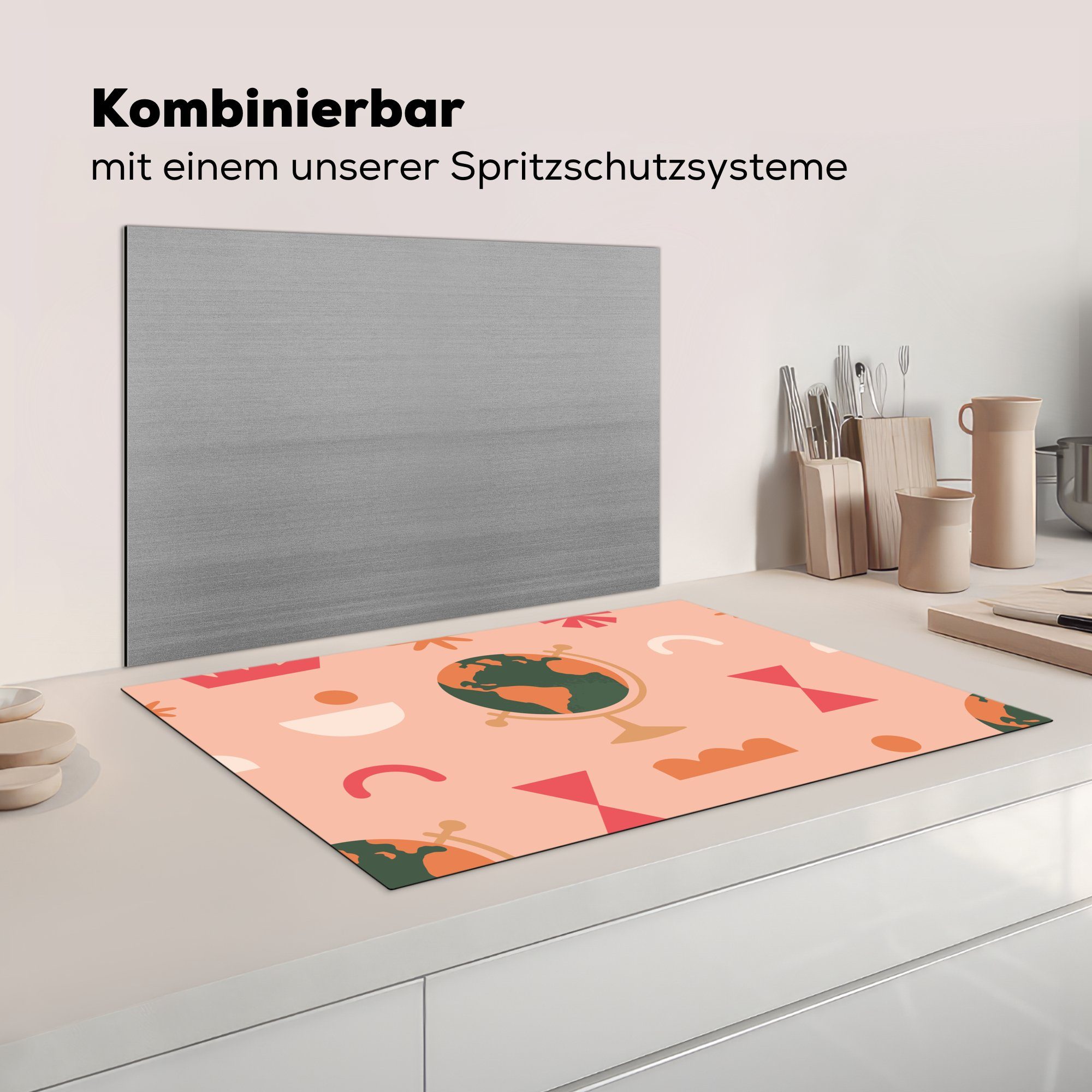 Induktionskochfeld - Weltkugel 81x52 cm, die Schutz Rosa (1 Herdblende-/Abdeckplatte Abstrakt, MuchoWow Ceranfeldabdeckung - Vinyl, küche, tlg), für