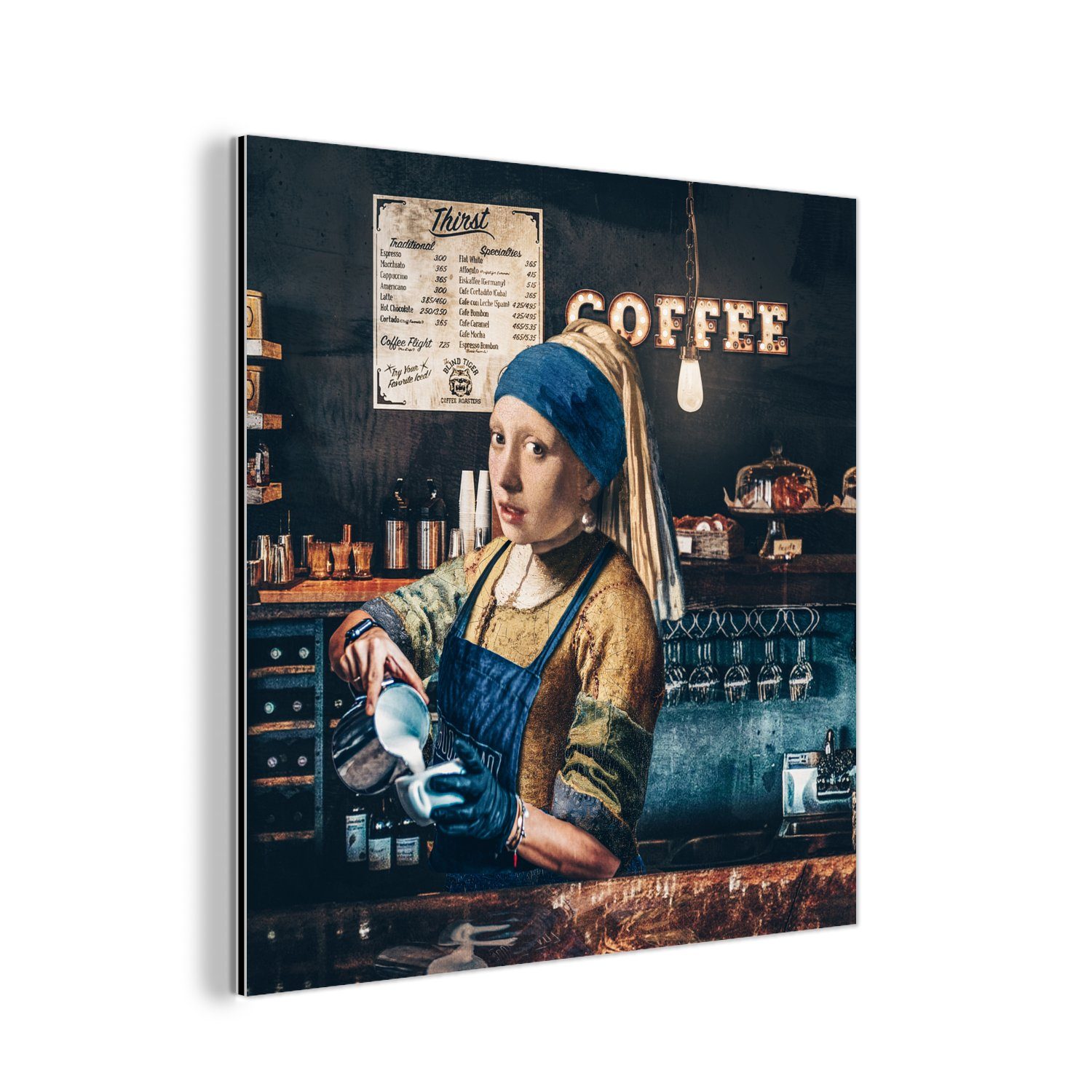 MuchoWow Metallbild Kaffee - Mädchen mit Perlenohrring - Barista - Vermeer - Cappuccino -, (1 St), Alu-Dibond-Druck, Gemälde aus Metall, Aluminium deko