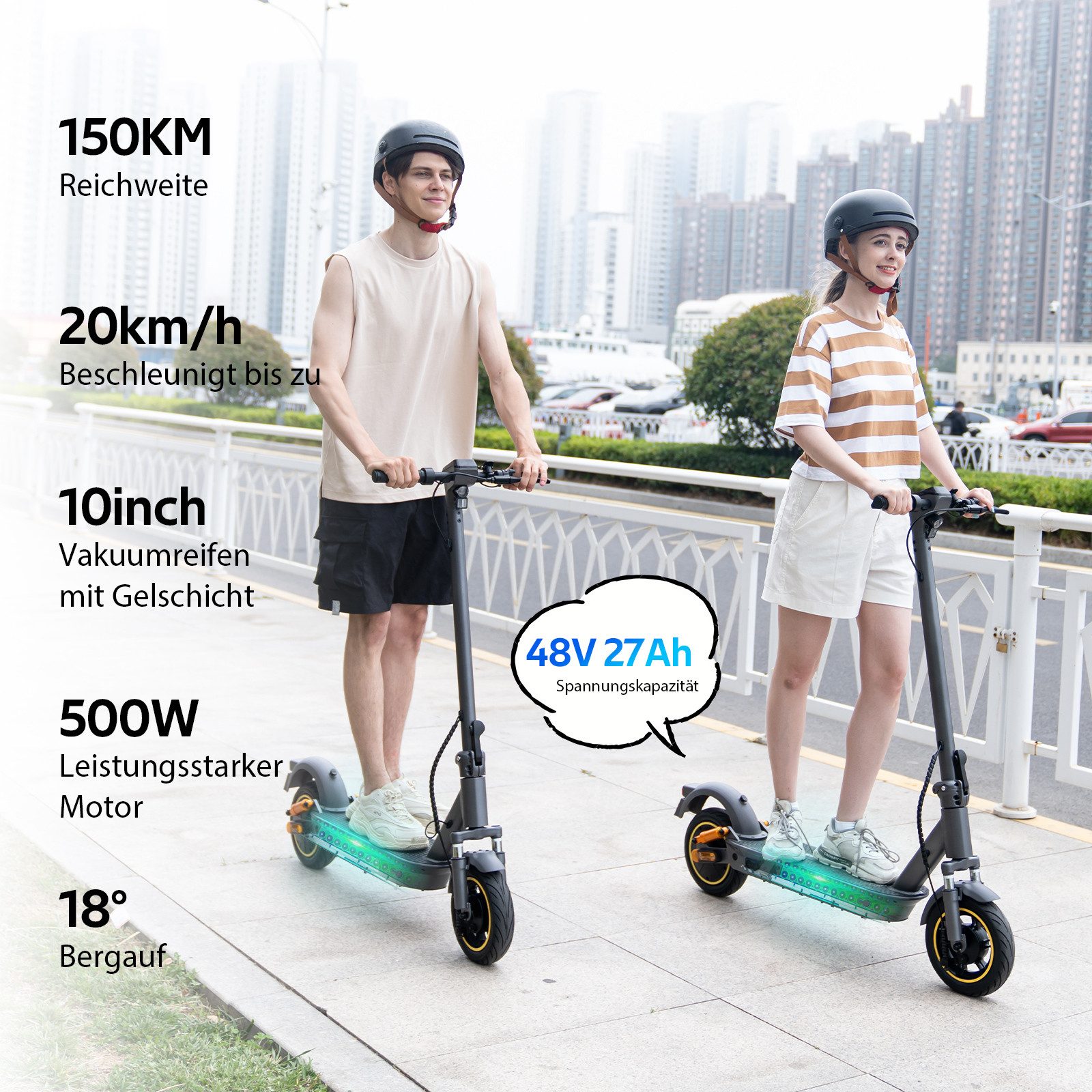 EVERCROSS TECH E-Scooter mit Straßenzulassung (ABE), 10" Runflat Reifen, Blinker, mit APP, 15,6AH Akku, 80KM/150KM, Handtasche, LED-Display