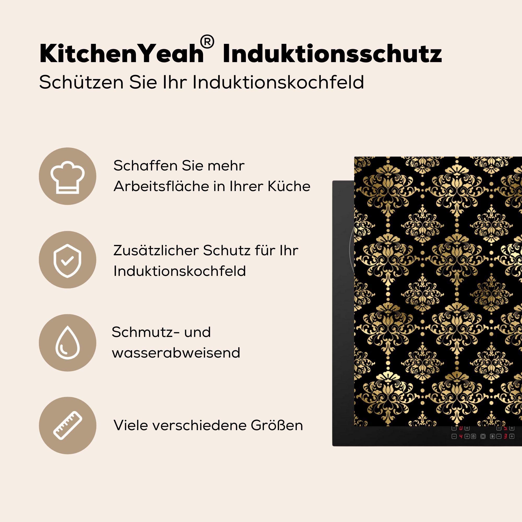 MuchoWow Herdblende-/Abdeckplatte Muster - Barock Vinyl, 78x78 (1 - für cm, tlg), Ceranfeldabdeckung, Gold küche - Schwarz, Arbeitsplatte