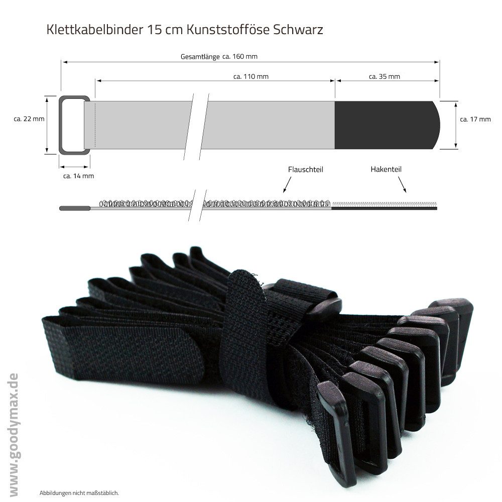 Goodymax Kabelbinder 10 Stück Klettkabelbinder Kunststofföse 15, 20, 30, 40 cm (15 cm Länge Schwarz, 10 Stück, Haken und Flausch auf GLEICHEN SEITEN) wiederverwendar Klettband Klettverschluss Kabel Organizer