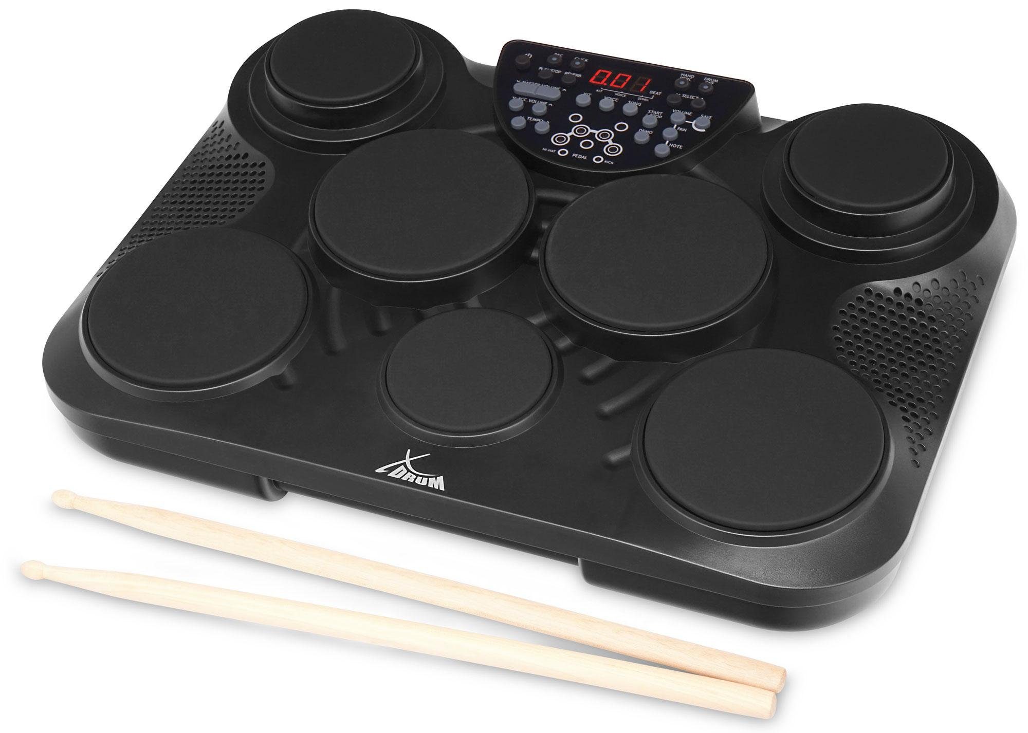XDrum E-Drum Pads DD-200DG - 7 anschlagsdynamische Pads,Set, 4-St., inkl. Drumsticks & 2 Pedale für HiHat-Control und Kickdrum, 216 Sounds, 45 Preset Drum Kits und 5 User-Kits