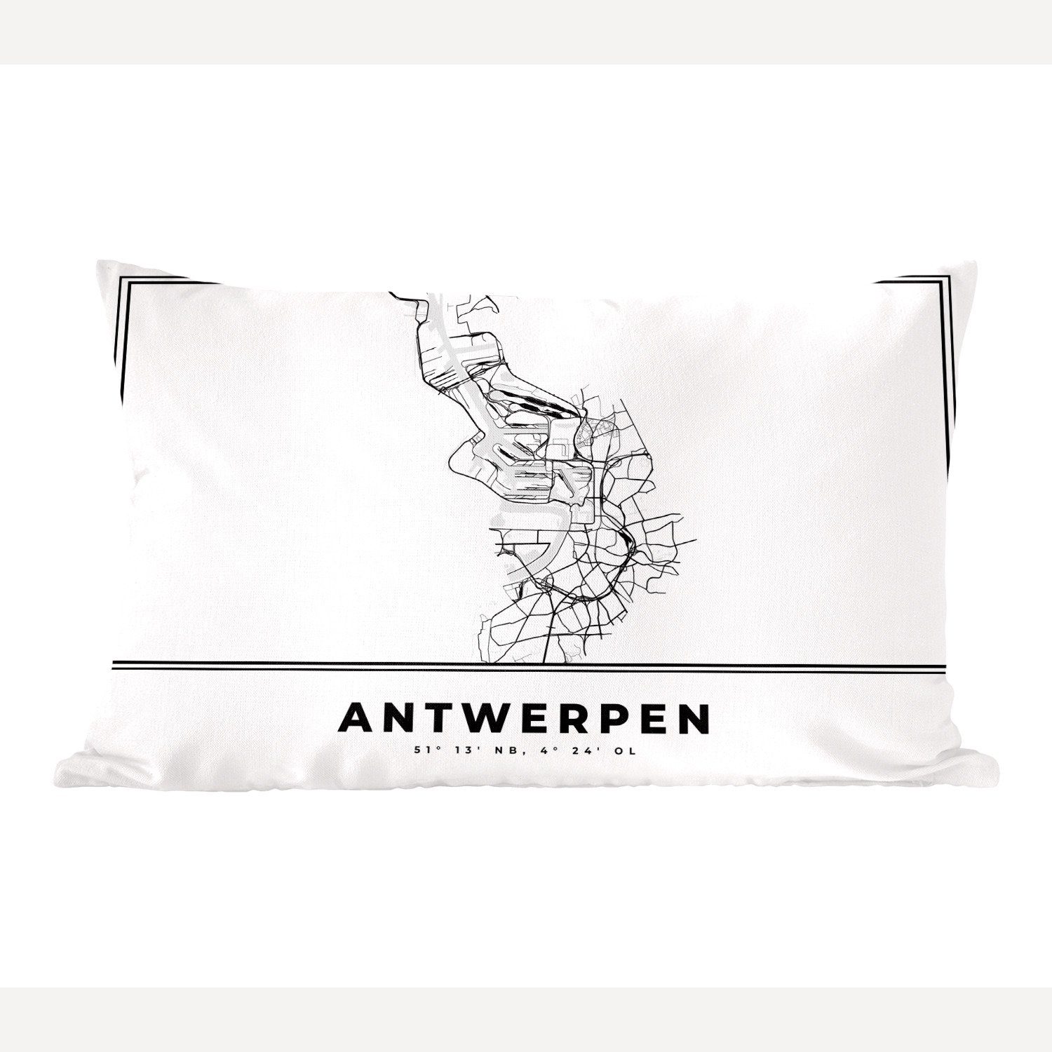 MuchoWow Dekokissen Karte - Antwerpen - Schwarz und weiß - Stadtplan - Belgien, Wohzimmer Dekoration, Zierkissen, Dekokissen mit Füllung, Schlafzimmer