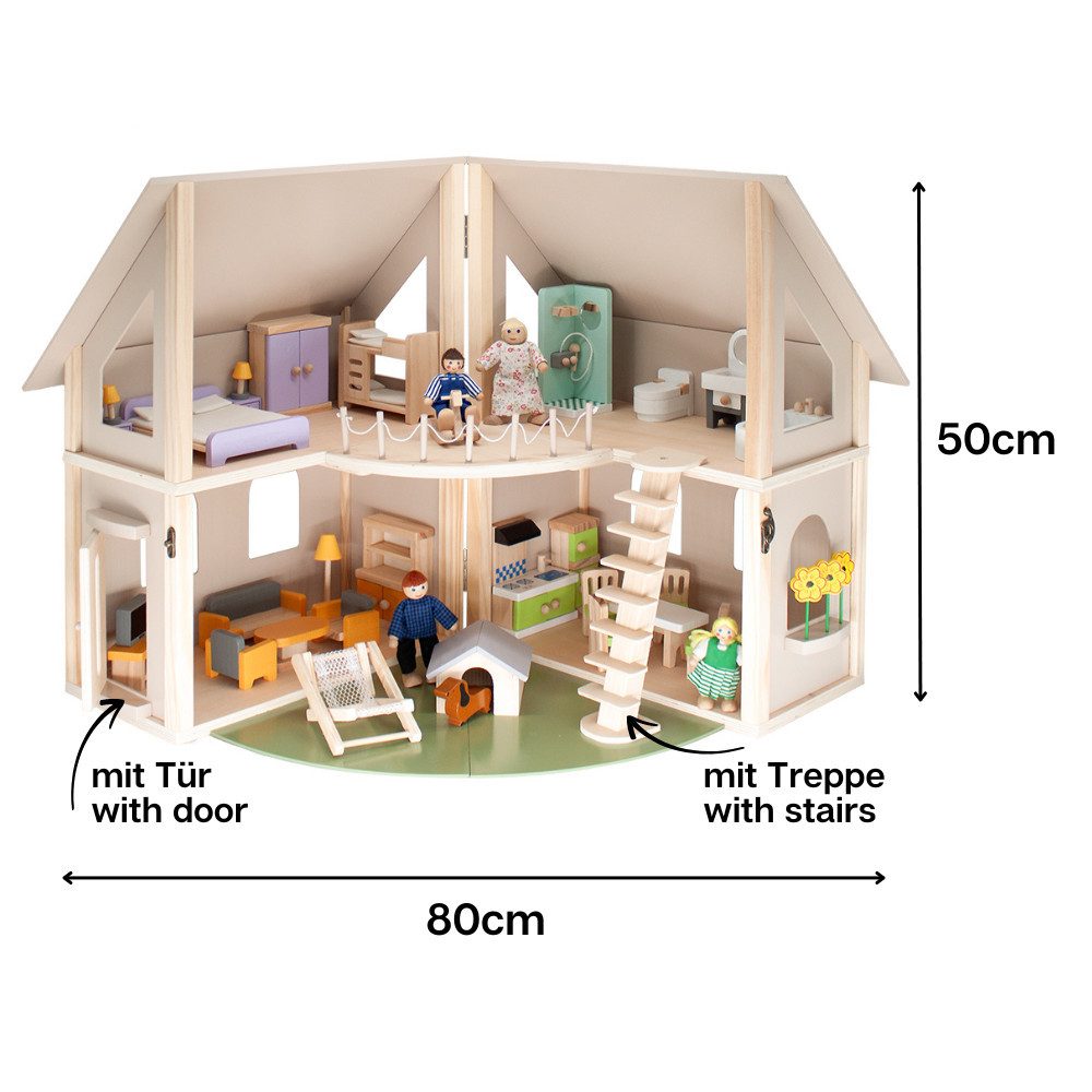 howa Puppenhaus, aus Holz klappbar inkl. 30tlg. Möbelset, 4 Puppen und Hund günstig online kaufen
