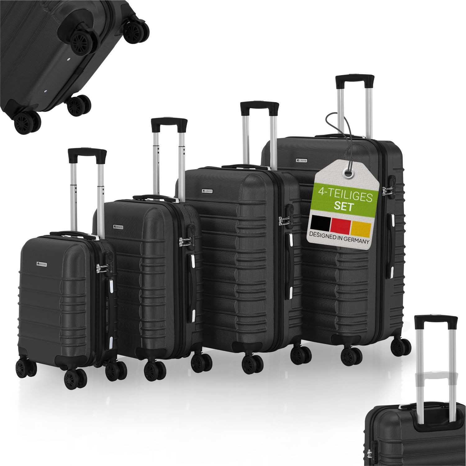 Juskys Trolleyset Rom, 4 Rollen, (4 tlg., 4-teilig), 4 Koffer, 360° Rollen, robuste Hartschale, mit Zahlenschloss