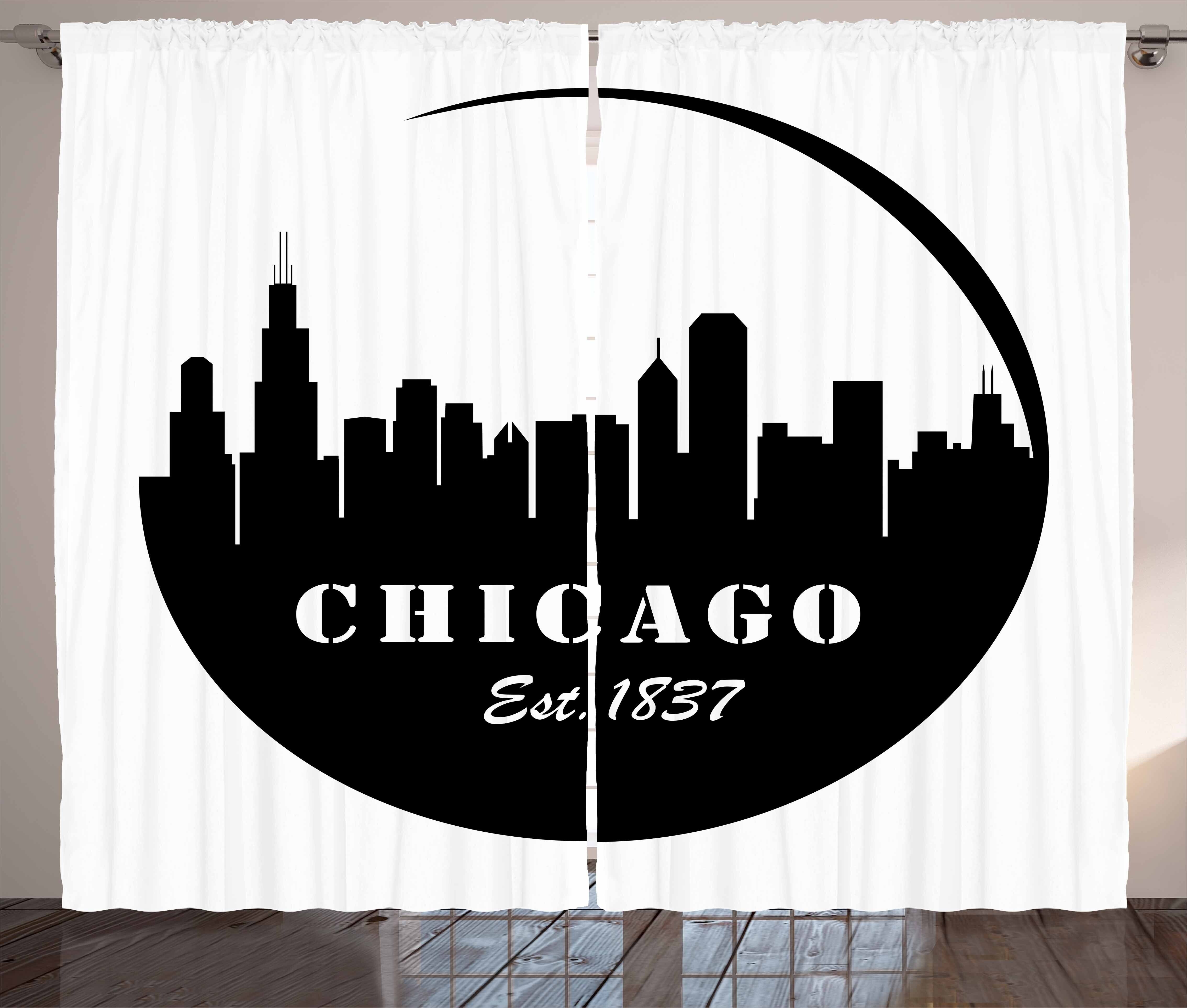 Gardine Schlafzimmer Kräuselband Vorhang mit Schlaufen und Haken, Abakuhaus, Chicago Skyline schwarz Panorama