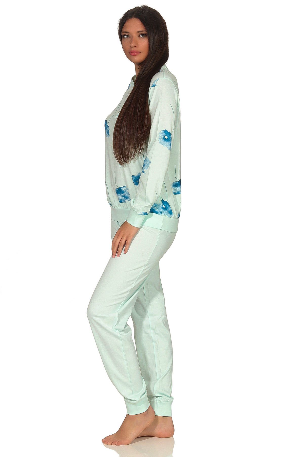Blumenprint mit Schlafanzug Damen Normann helltürkis Pyjama - und langarm 193 Bündchen 291