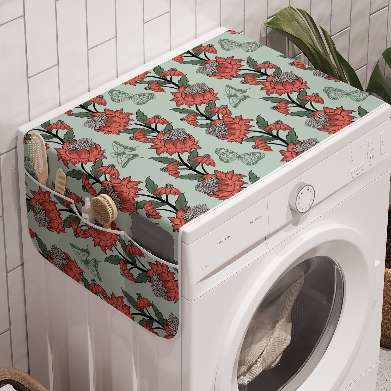 Abakuhaus Badorganizer Anti-Rutsch-Stoffabdeckung für Waschmaschine und Trockner, Blumen Blumen-Schmetterlings-Silhouetten