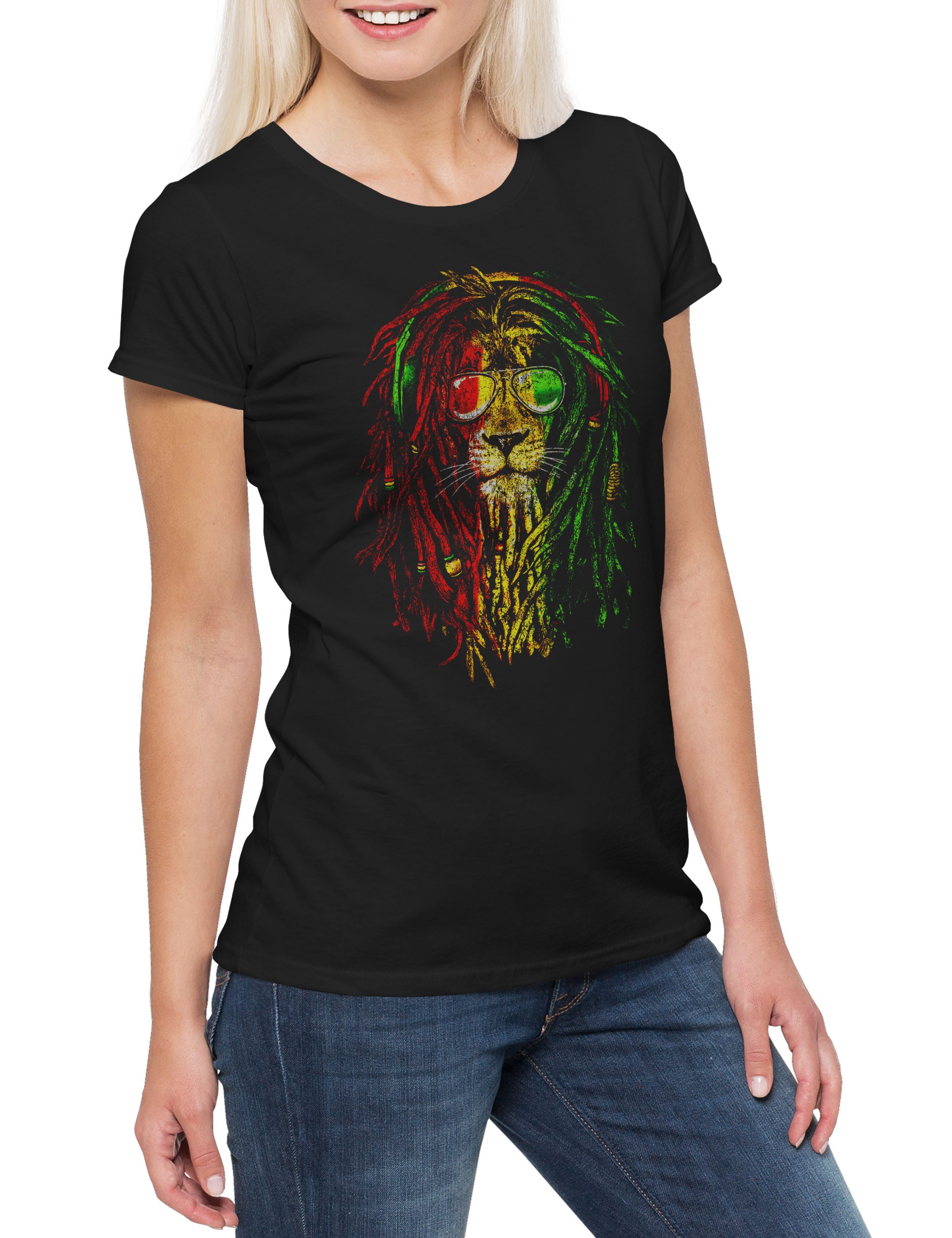 Print-Shirt Zion Lion I Damen T-Shirt Haile Jah Selassie Reggae Löwe Marley