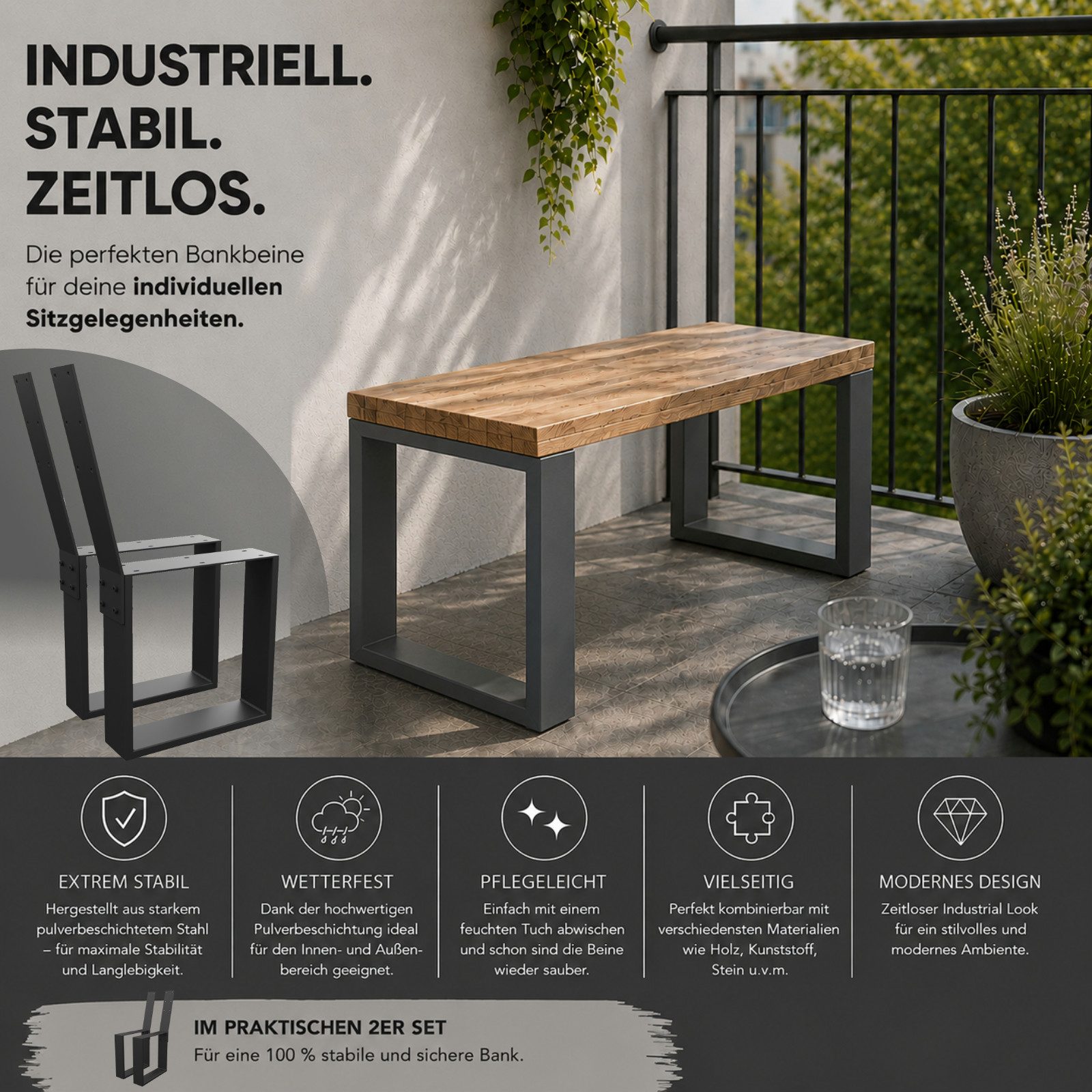 HAGO Sitzbank 2er Set Bankkufen Bankgestell Möbelfüße Gartenbank Anthrazit Stahl (2-St., 2er Set), Witterungsbeständig