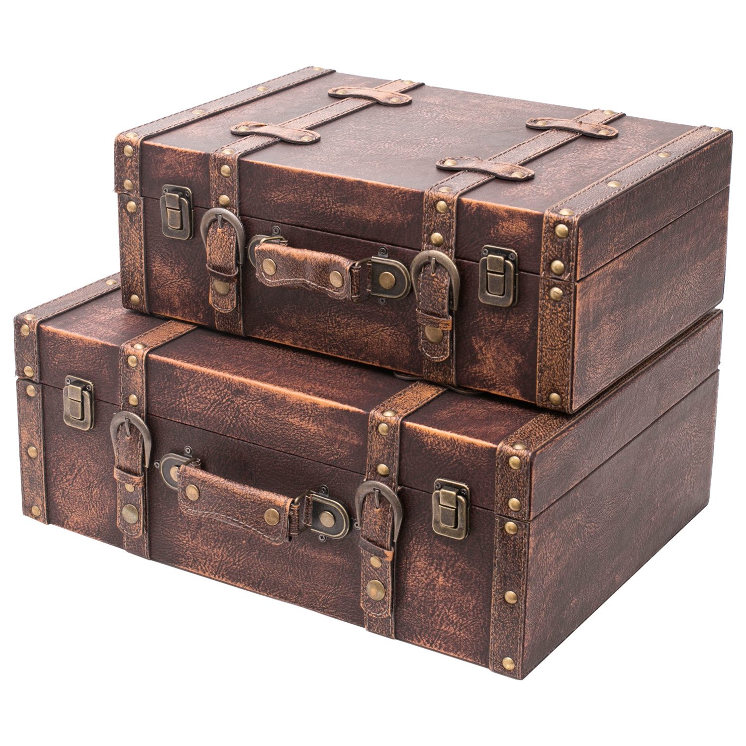 HMF Aufbewahrungsbox Vintage Koffer Holz, Aufbewahrungsbox mit Deckel und Lederg