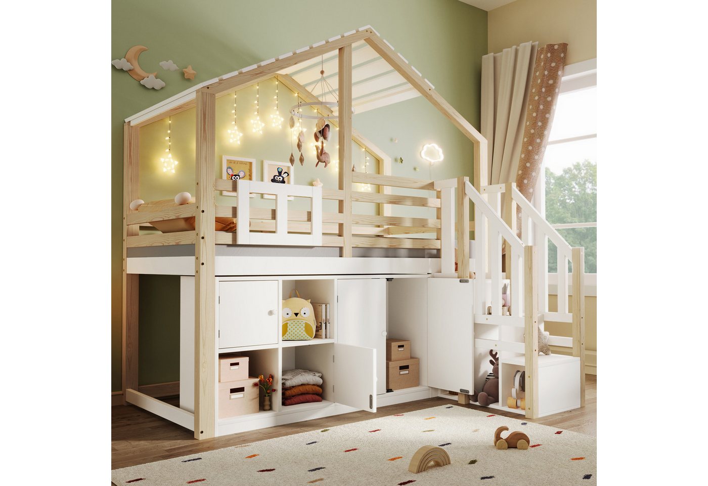 Merax Hochbett 90x200cm mit Dach in Hausform (1-St., Jugendbett Einzelbett) Massiv Kinderbett mit Stauraumtreppe Schließfächer Bettgitter Fenster