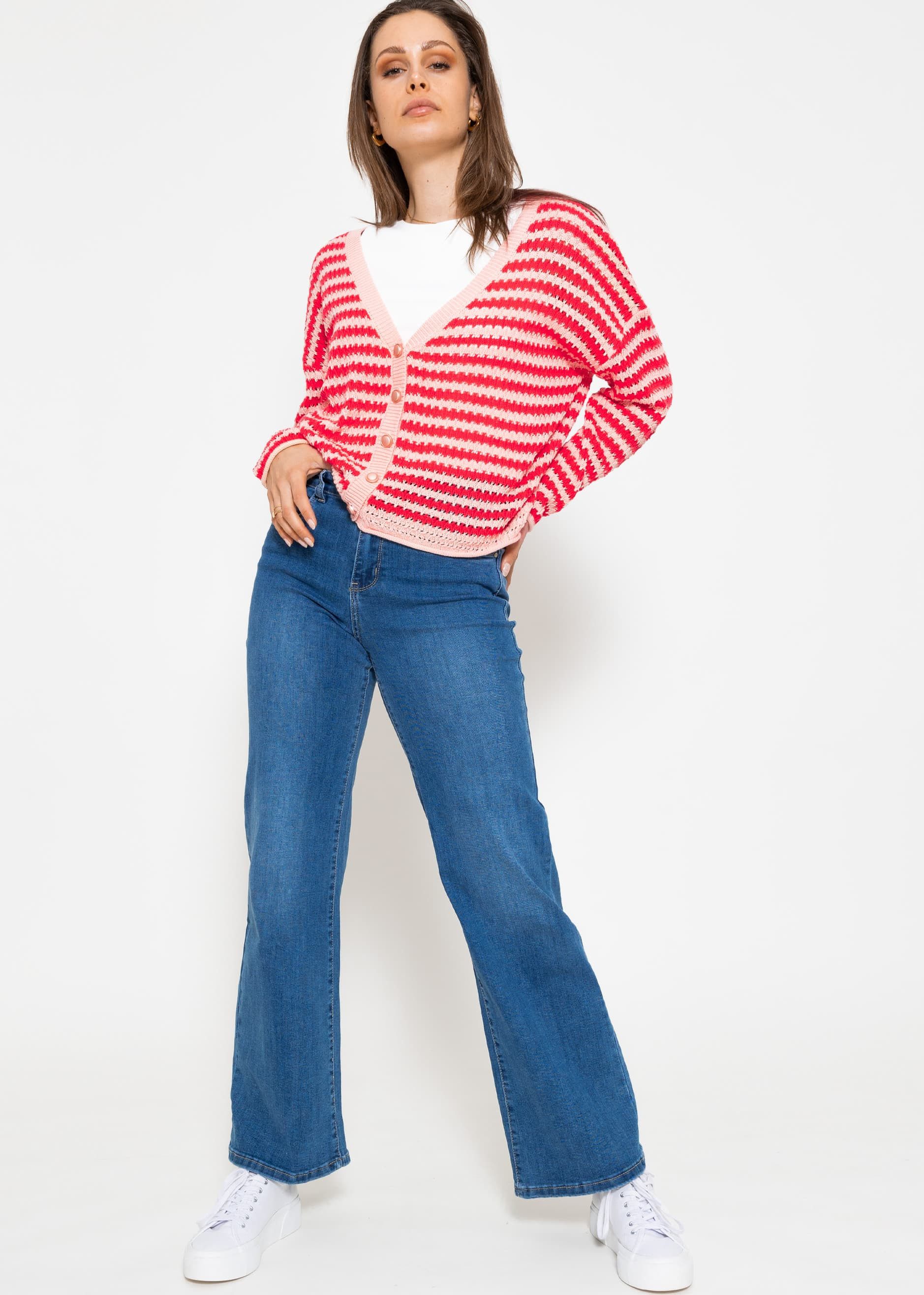 SASSYCLASSY Cardigan Oversize Strickjacke Damen mit Ajour Strick Lässiger Cardigan aus Grobstrick gestreift mit V-Ausschnitt Blau Rot