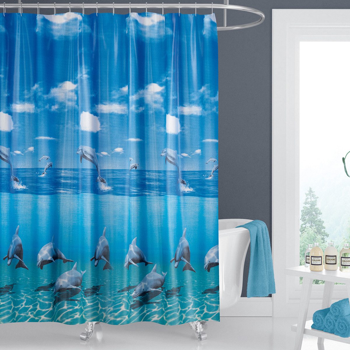 Ekershop Duschvorhang Textil Delfin Blau " Delphin im Meer " für Duschstang günstig online kaufen