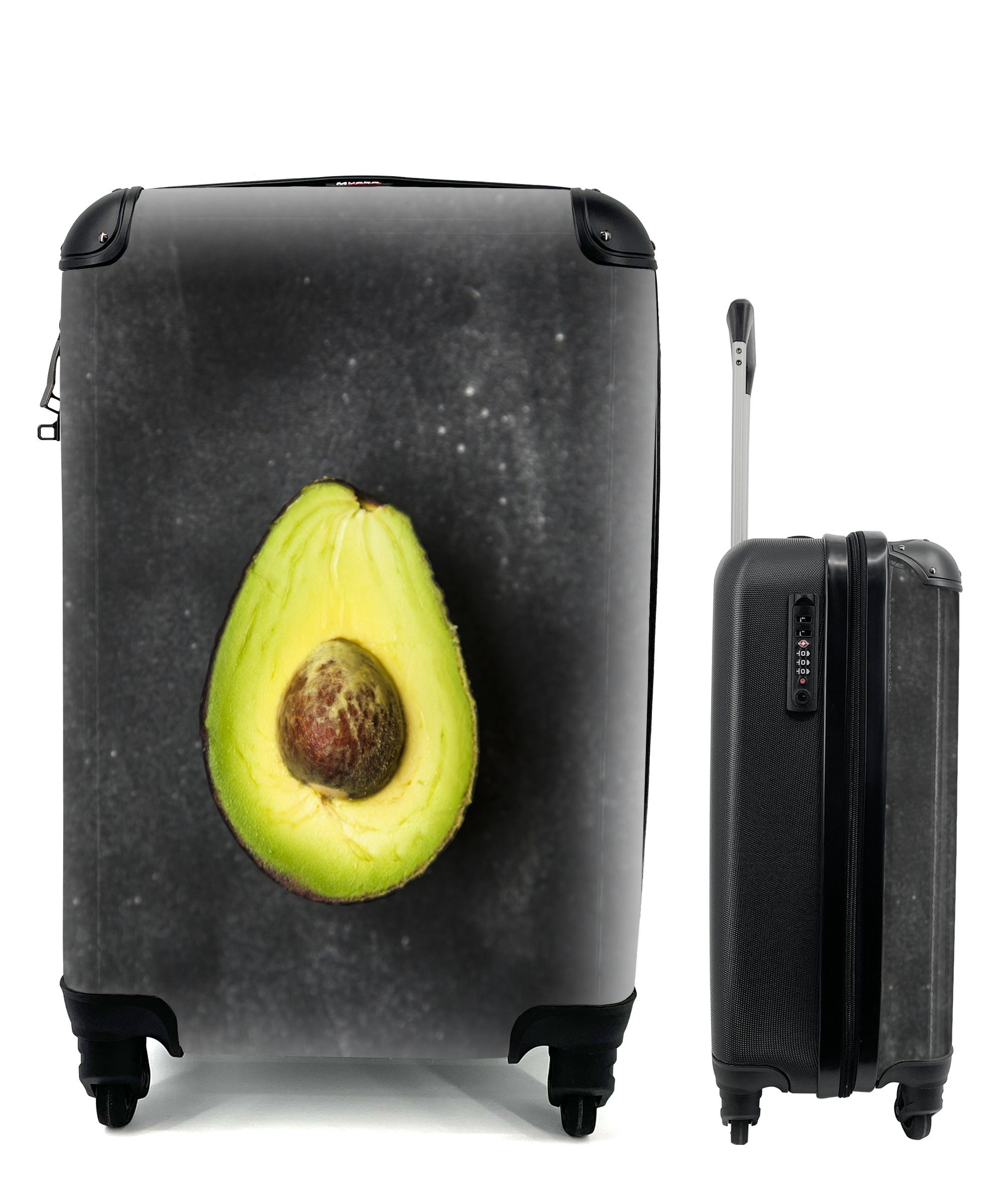 MuchoWow Handgepäckkoffer Einsame Avocado auf einem schwarzen Tisch, 4 Rollen, Reisetasche mit rollen, Handgepäck für Ferien, Trolley, Reisekoffer