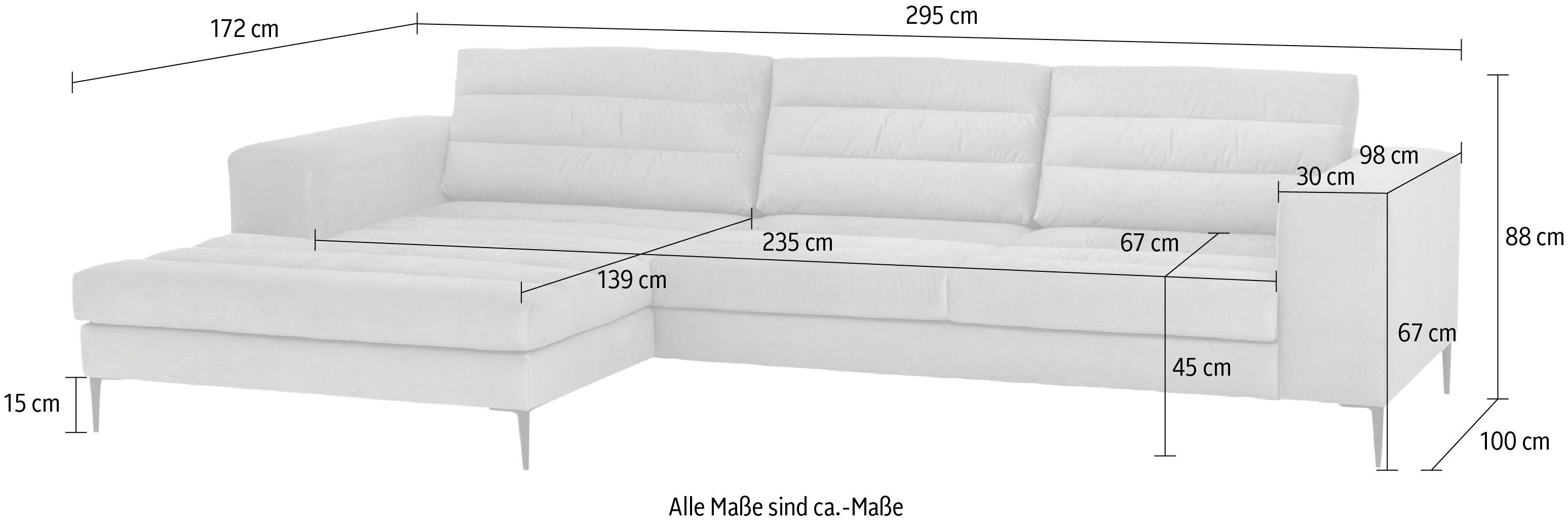 Ecksofa Füße Metall Sitzkomfort, aus breiter Arabella, und Recamiere hohem TRENDMANUFAKTUR extra hellgrau mit