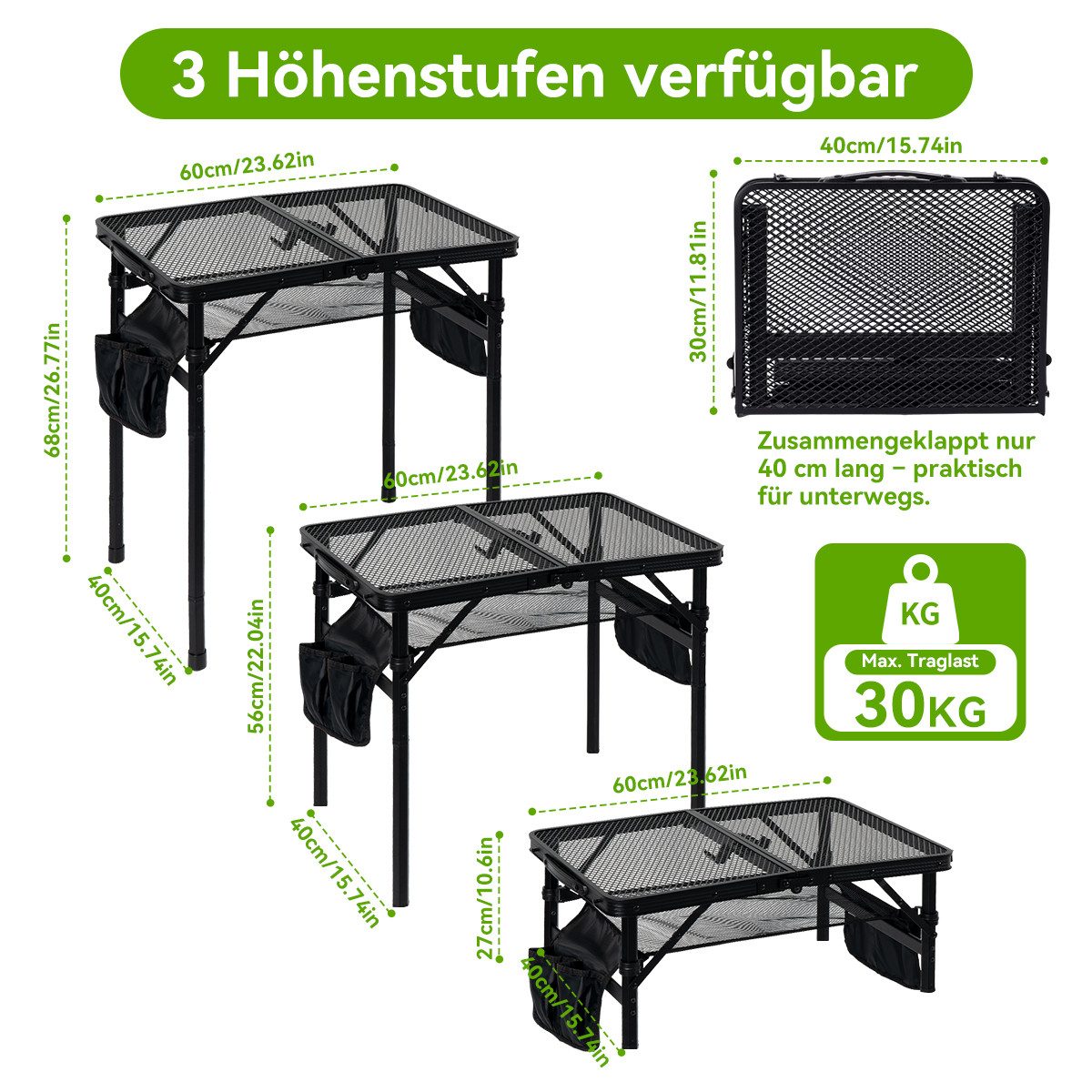 SEHAUSEU Campingtisch klappbar Klapptisch höhenverstellbarer Grilltisch