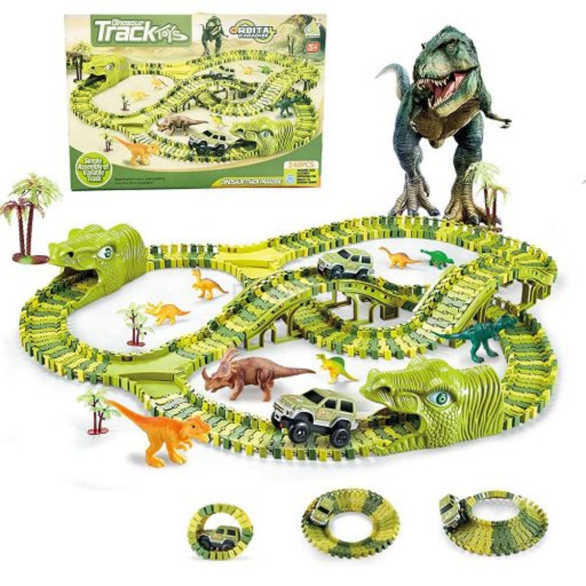 R2 Invest Autorennbahn Dinosaurier 270 -tlg. Flexible Dino Track Spielset mit Autos & Figuren, (270-tlg., 270-teilig)