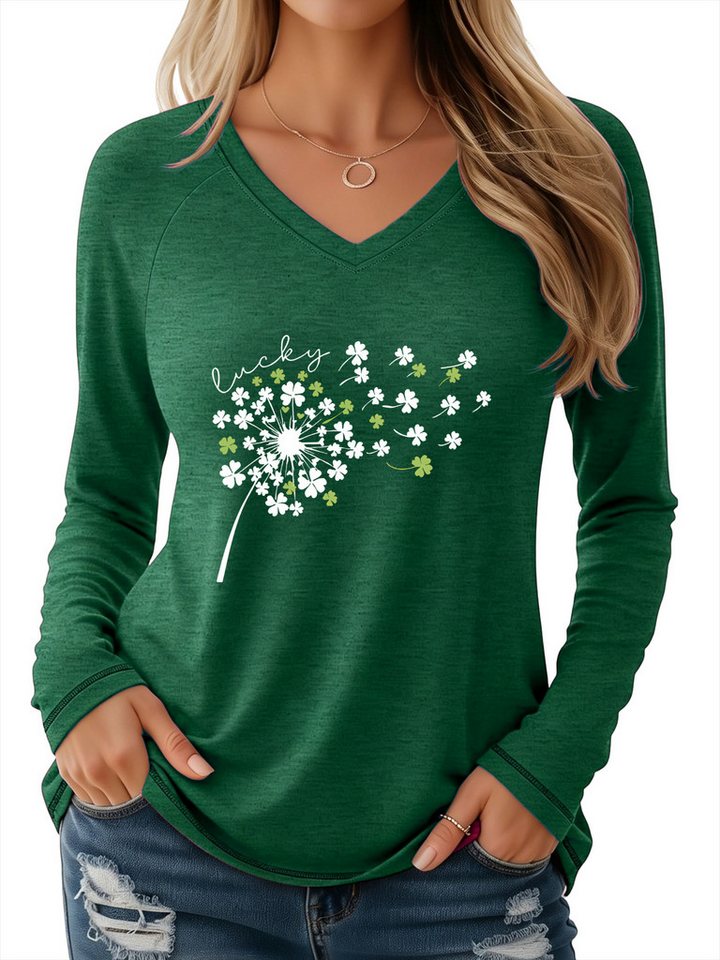 PYLIKE Print-Shirt Damen V-Ausschnitt Longsleeve mit Löwenzahn Print-Shirt Geeignet für den täglichen Gebrauch im Büro und zu Hause