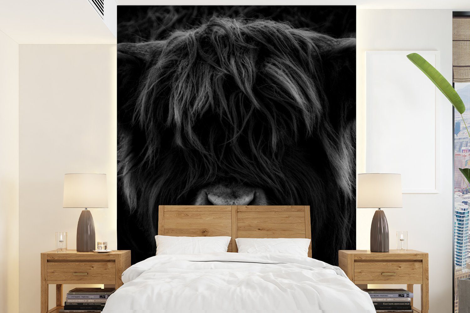 MuchoWow Fototapete Schottischer Highlander - Kuh - Schwarz - Weiß - Porträt, Matt, bedruckt, (4 St), Montagefertig Vinyl Tapete für Wohnzimmer, Wandtapete | Fototapeten