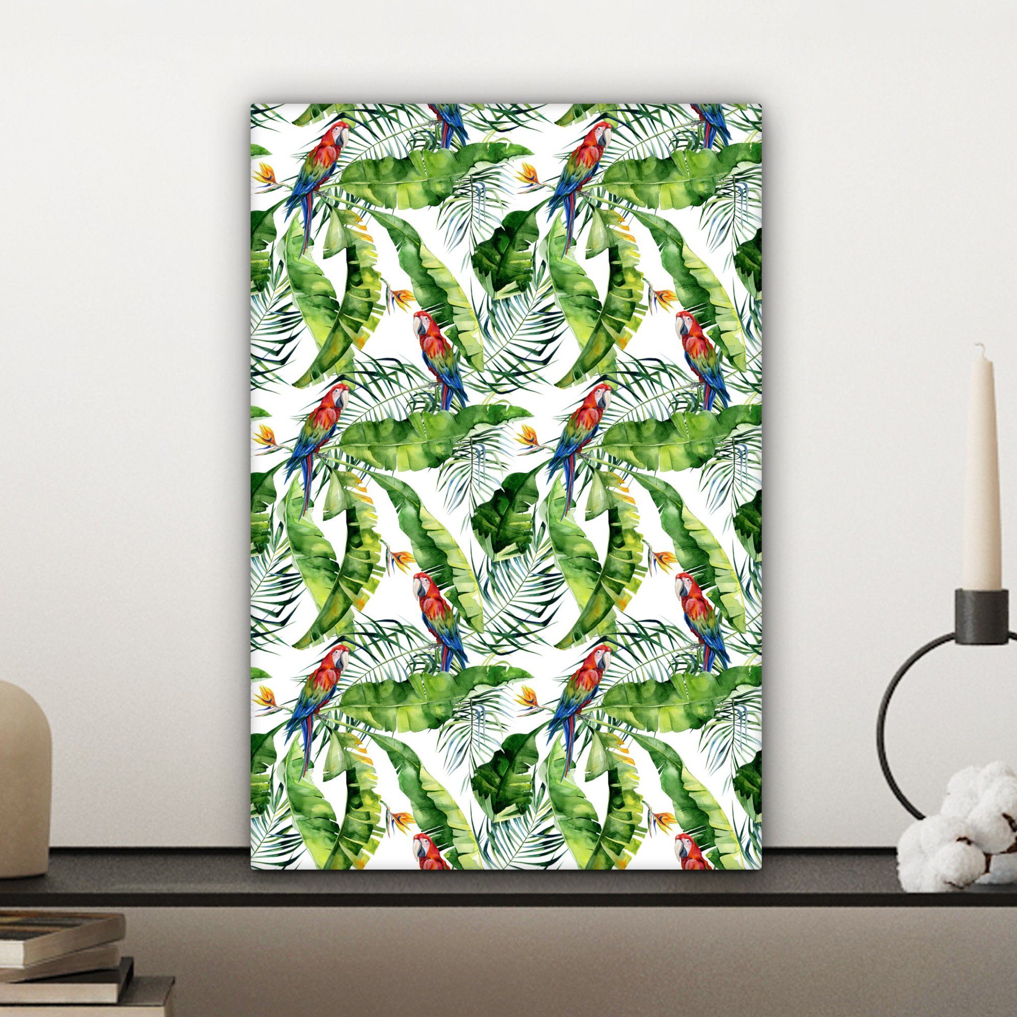 OneMillionCanvasses® Leinwandbild Zackenaufhänger, Leinwandbild Paradiesvogelpflanze Blätter, Papagei bespannt - - (1 Gemälde, St), cm 20x30 inkl. fertig