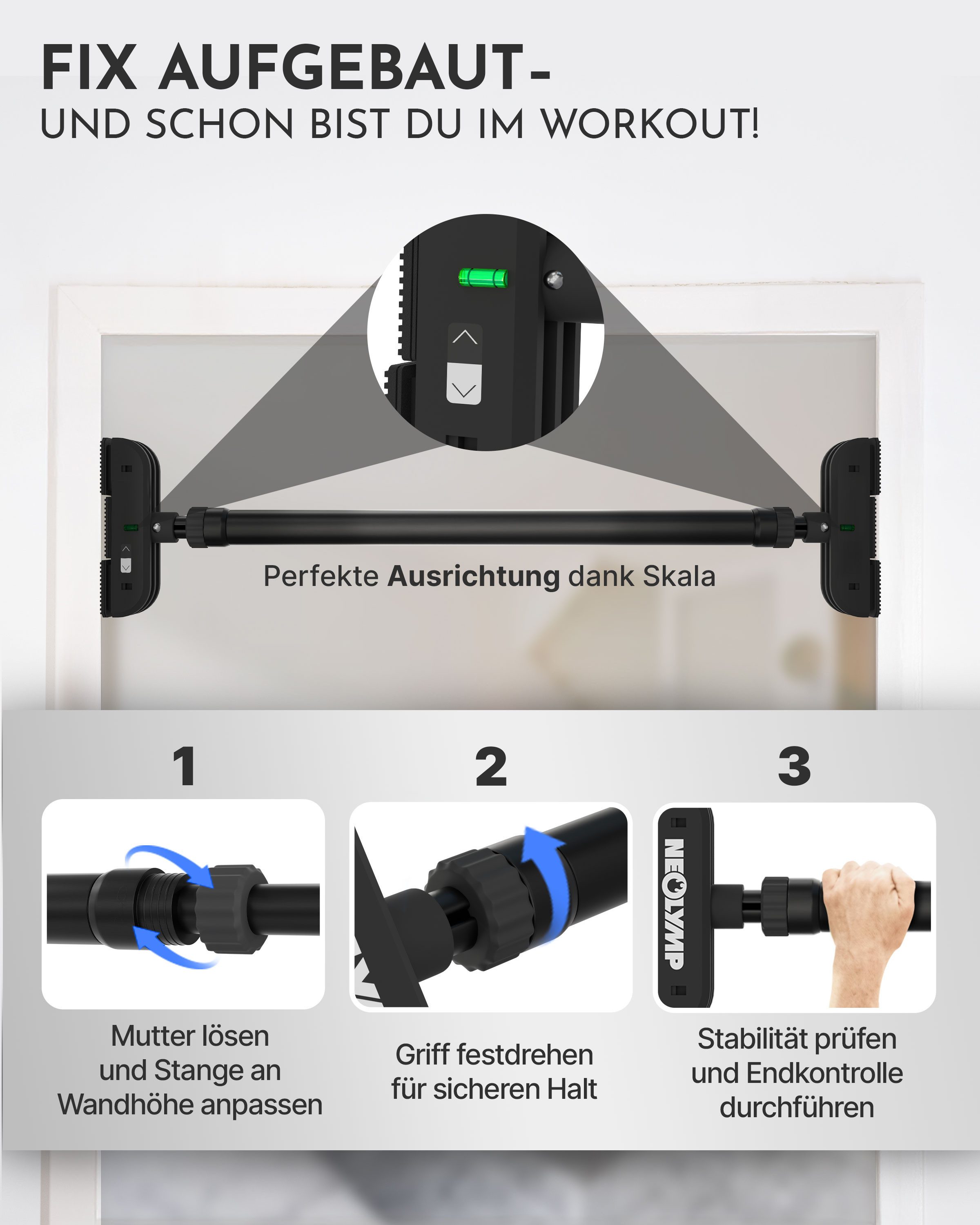 NEOLYMP Klimmzugstange Klimmzug Hilfe - Ohne Schrauben - Klimmzugstange Türrahmen - Pull up (hält ohne Bohren im Türrahmen, Gewindesperre für sicheren Halt, beliebig verstellbar (73 - 92 cm), mit gepolstertem Griff, platzsparend und verstaubar, Klimmzugstange Türrahmen ohne Schrauben - Home Gym Equipment), Gepolsterte Griffe - Bis 200kg - Verstellbar 73-92cm - Klimmzüge