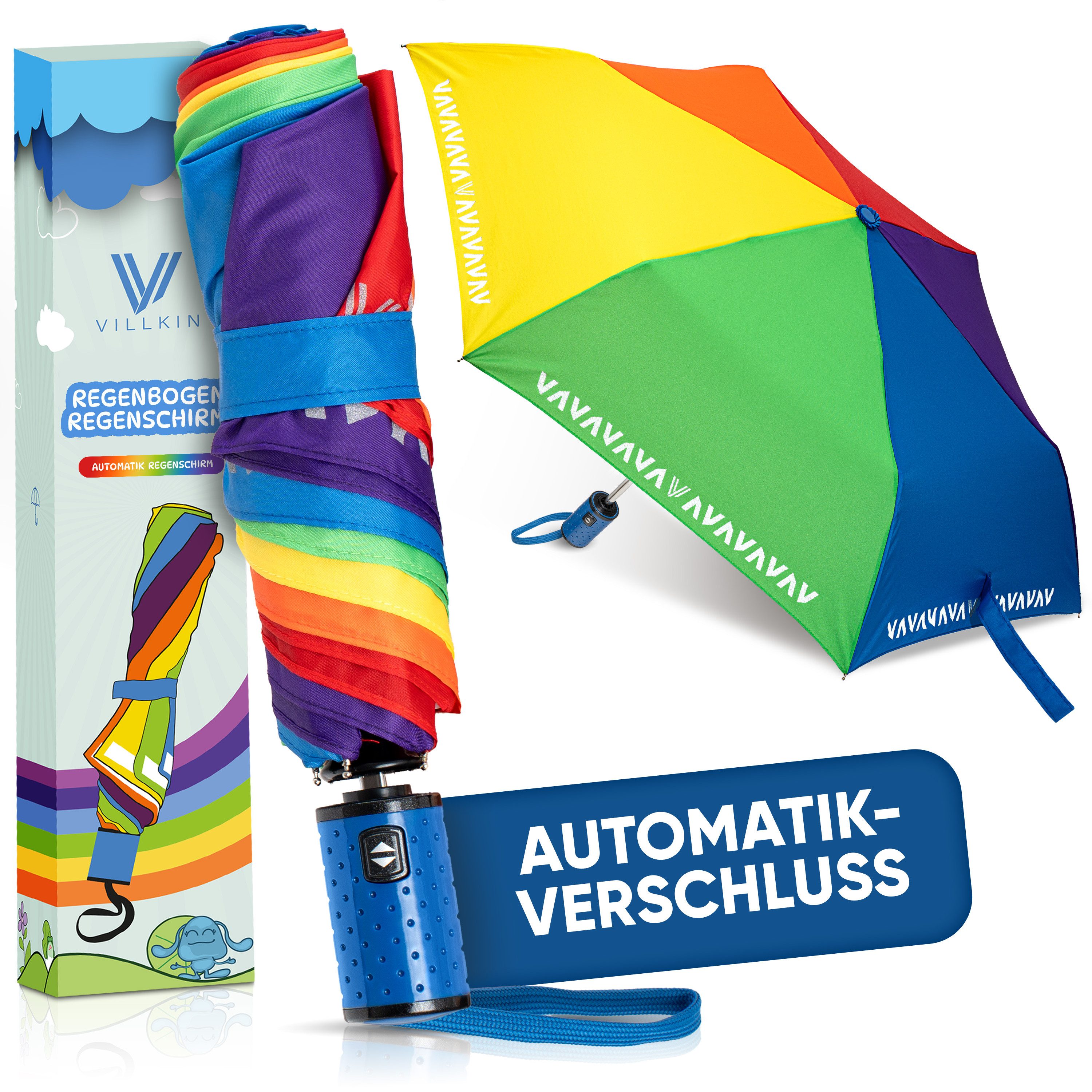 Villkin Taschenregenschirm, Kinderschirm Bunt mit Reflexstreifen, Regenschirm, Mini-Schirm, kompakt, leichtgewicht, trocknet schnell, Reflexstreifen
