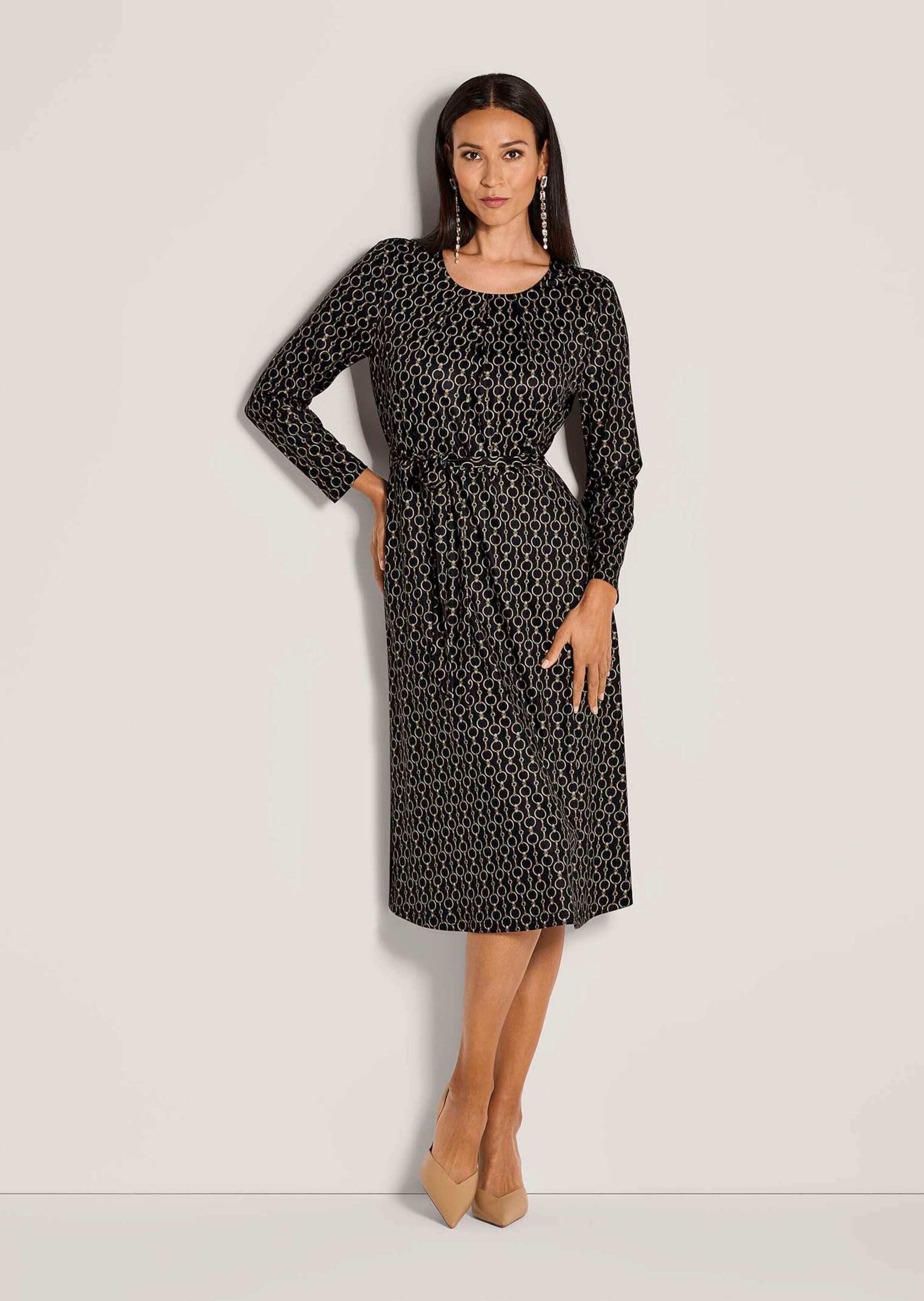 MADELEINE Midikleid Elegantes Kleid mit grafischem Muster Midikleid mit Rundhals, Taillenband und langen Ärmeln