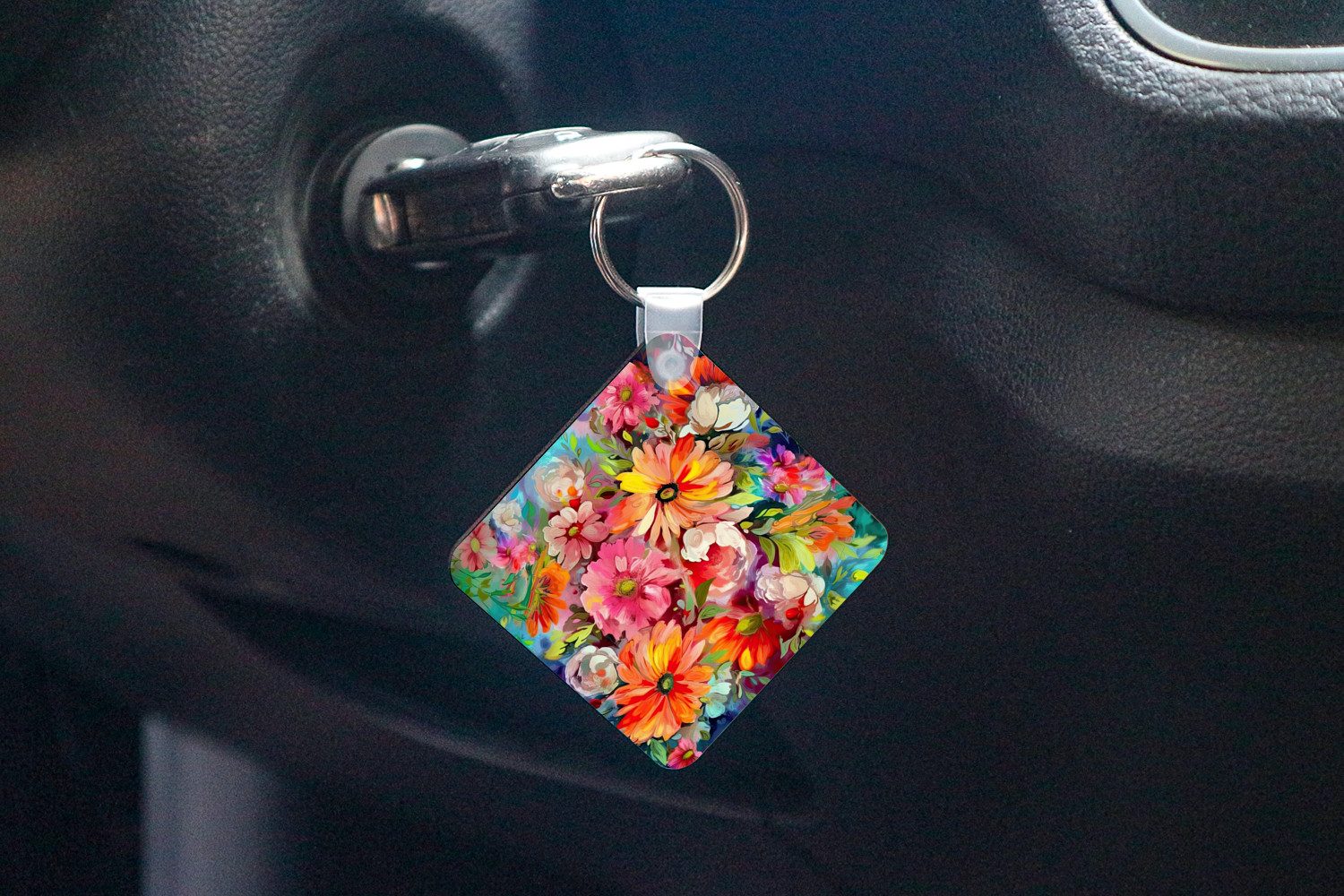 MuchoWow Schlüsselanhänger Blumen - Kunst - Malerei - Botanisch, Quadratisch, Accessoire Auto / Haus / Rucksack / Handtasche, 5x5 cm