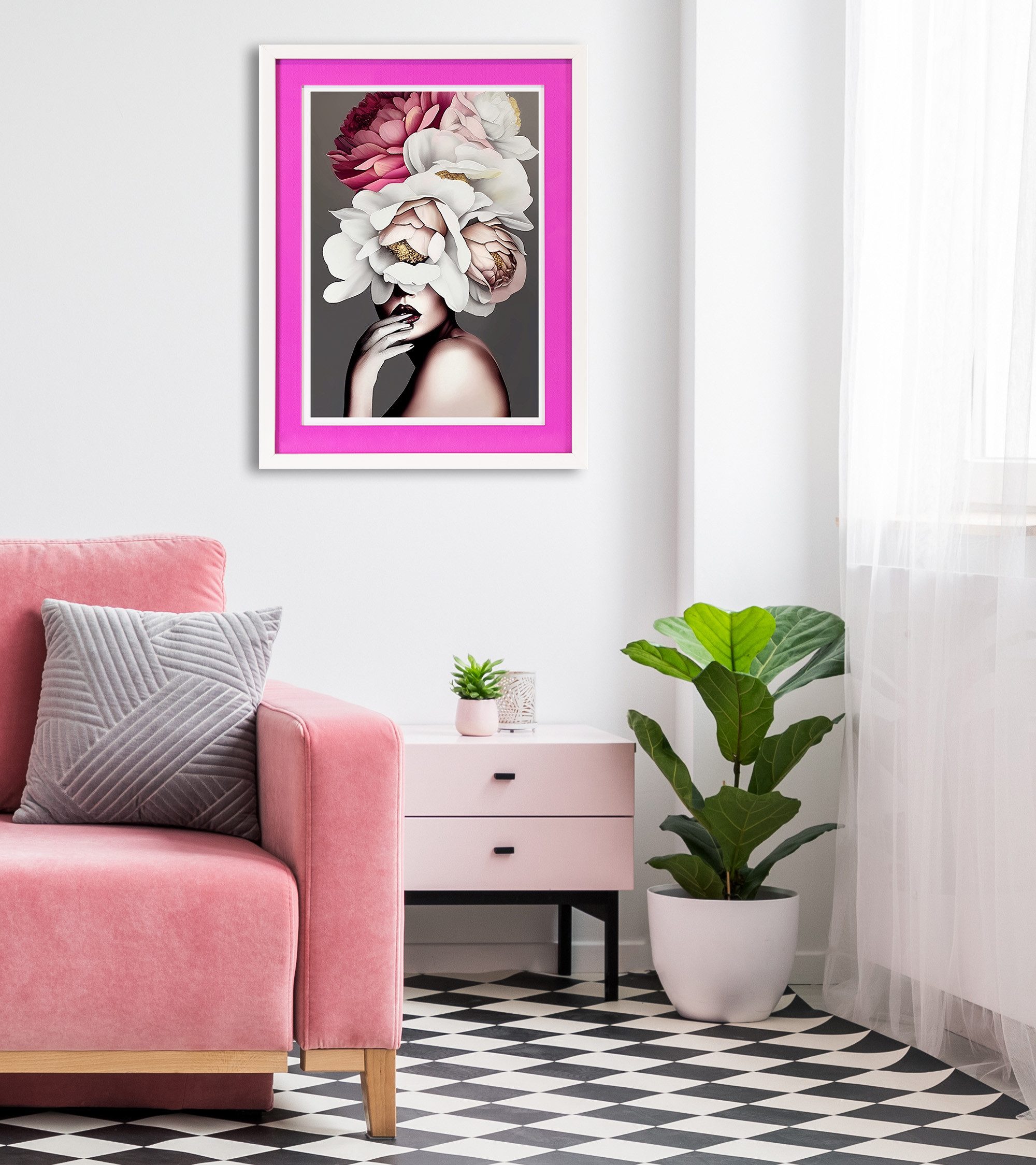 queence Bild mit Rahmen Frau mit Hut aus Blumen, Bilder von Frauen, Blumen, Blumenbilder, Frau, Kunst (1 St), Poster mit buntem Acrylglas Passepartout
