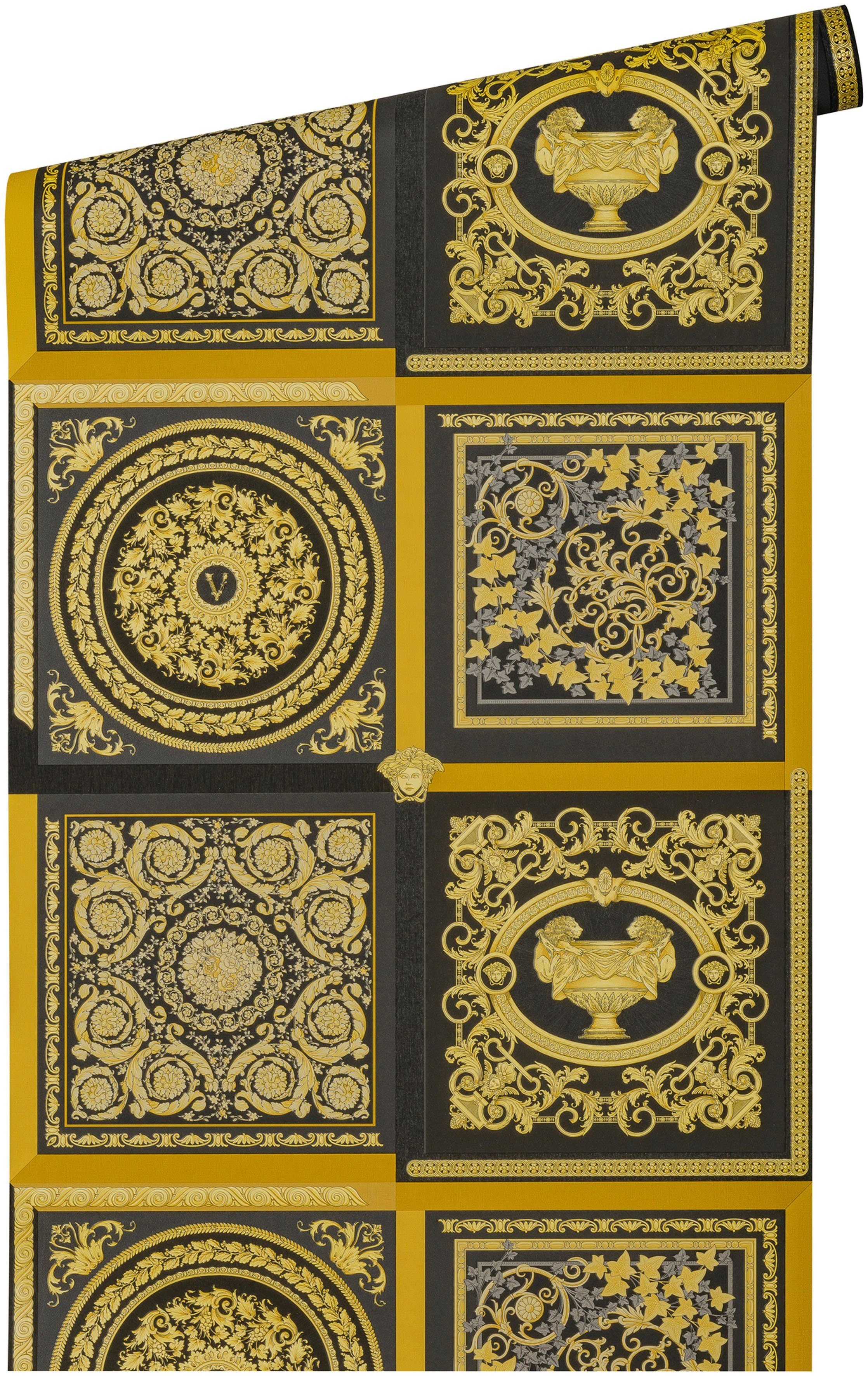 Wallpaper schwarz/goldfarben leicht auffallende glänzend, 5 Versace St), Design leicht Vliestapete (1 Versace Fliesen-Tapete Patchwork, strukturiert,