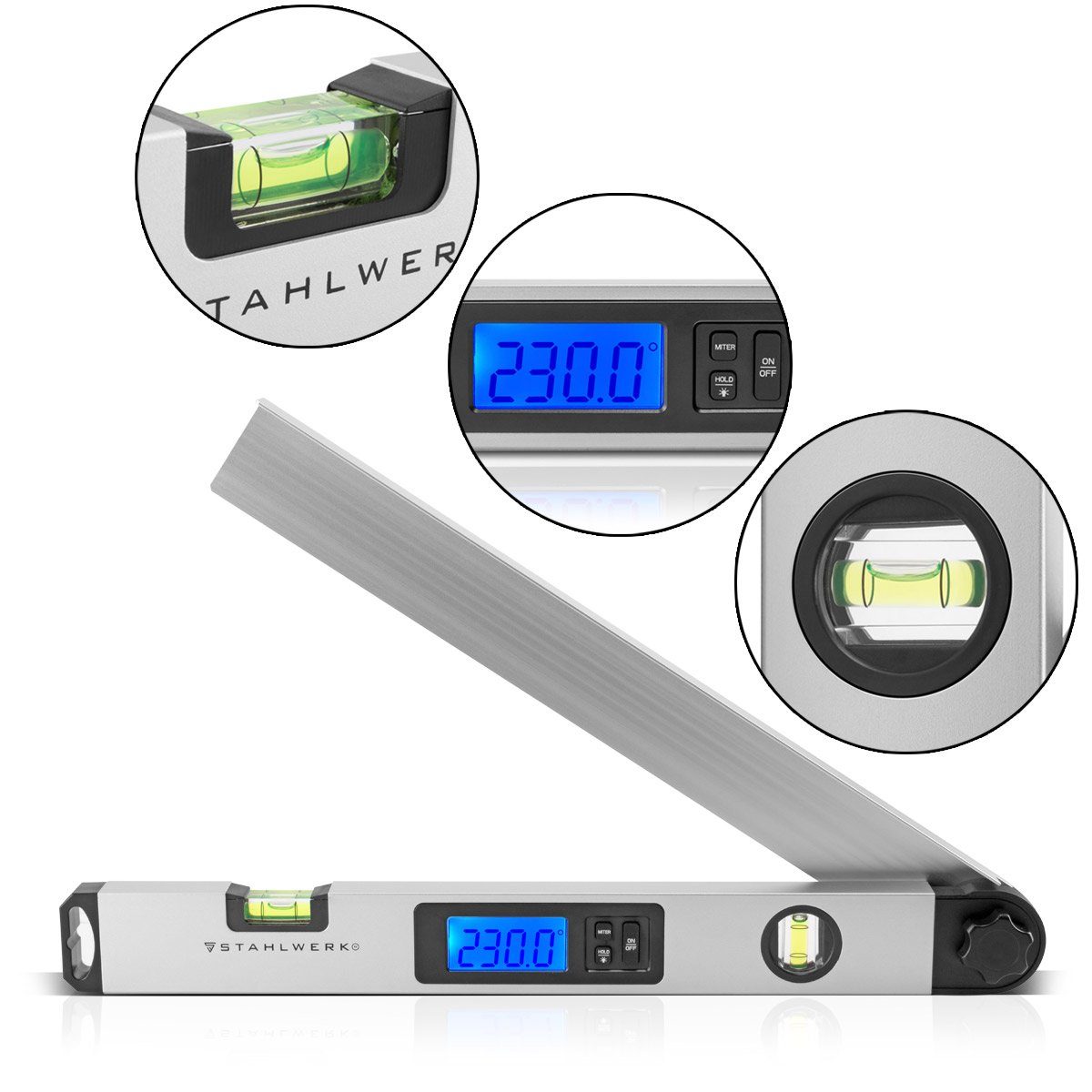 STAHLWERK Winkelmesser DW-45 ST Digitaler Winkelmesser Winkelmessgerät Wasserwaage 0-230 Grad, L:44,5 cm, (Set, Einzelartikel), Praktische Hold-Funktion