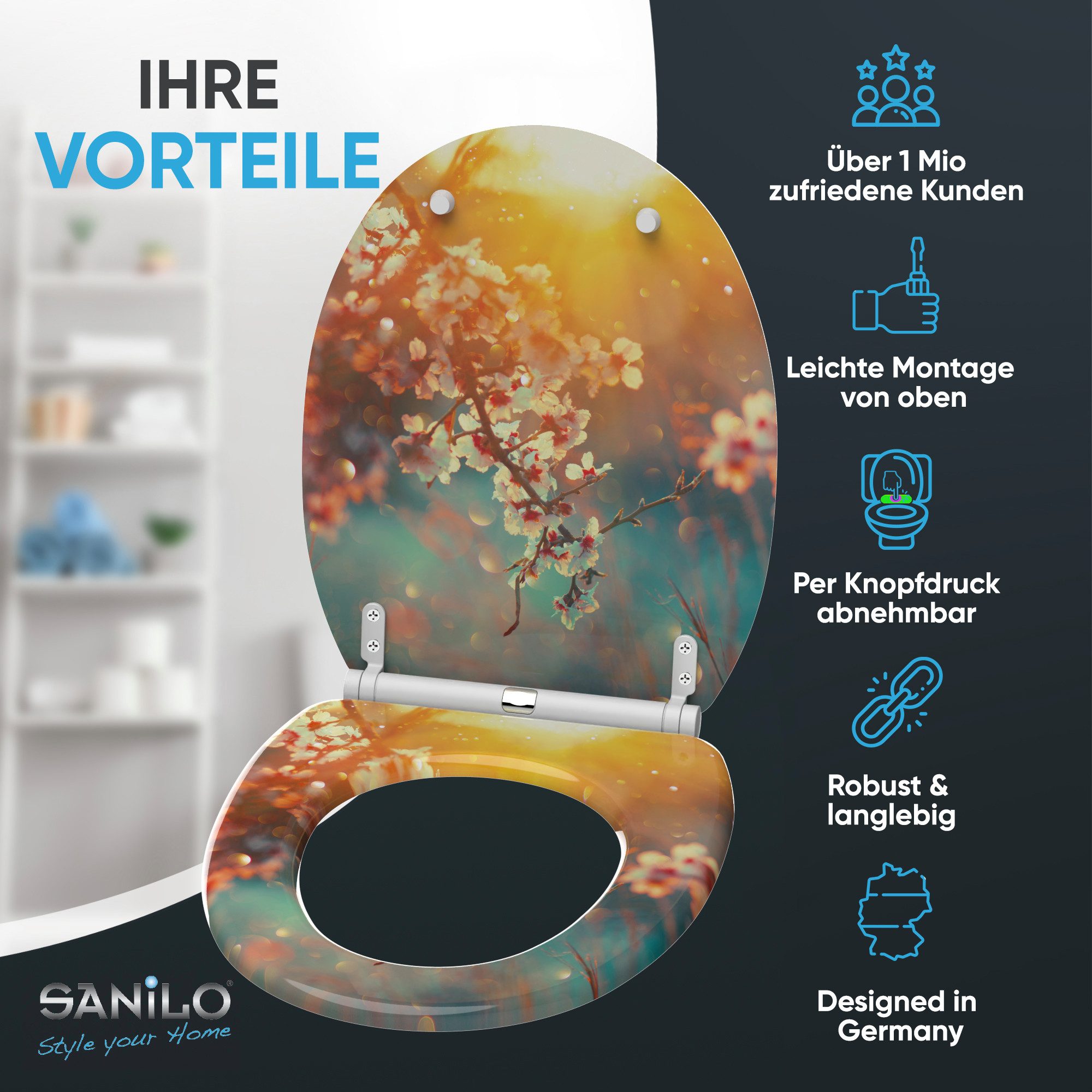 Sanilo WC-Sitz Kirschblüte mit Absenkautomatik & Quick Release, Premium Toilettendeckel, abnehmbar, leichte Montage von oben