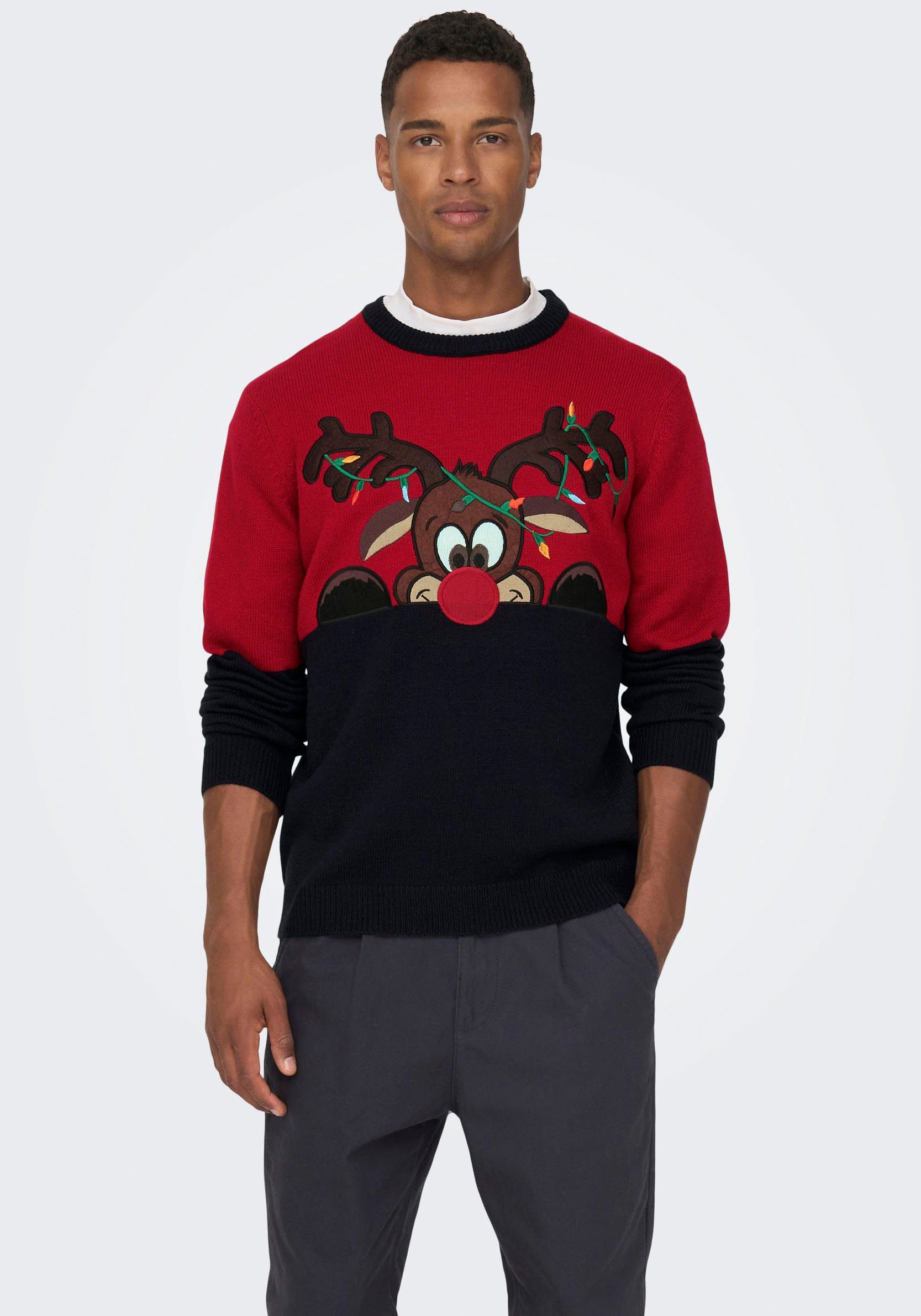 ONLY & SONS Weihnachtspullover mit Bündchen an Ärmel und Saum
