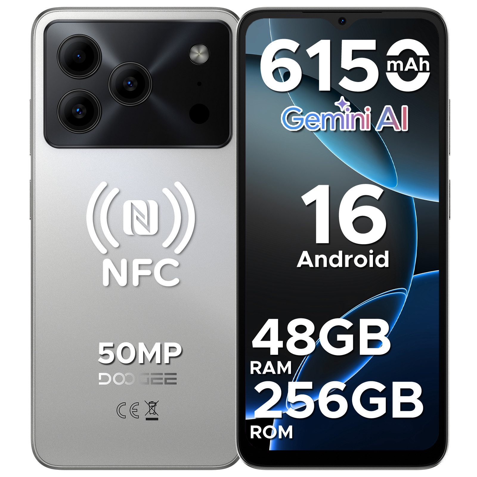 DOOGEE NOTE 56 PLUS Android 16 Handy, 48GB RAM (6 + 42GB)+256GB 6.56" HD+ Smartphone (16,6 cm/6,56 Zoll, 256 GB Speicherplatz, 50 MP Kamera, 50MP AI Kamera, 6150mAh Akku, 90Hz Display, NFC & Fingerabdruck)