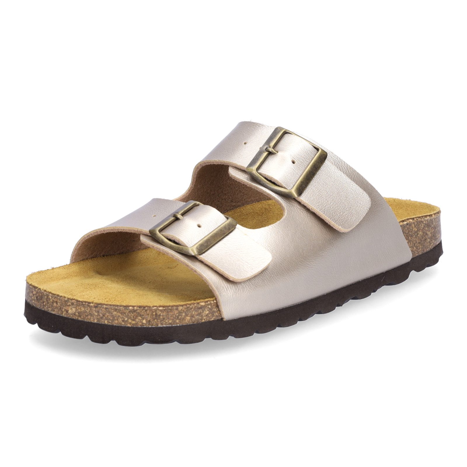 MIDS MOMO Damen Pantolette gold, Zweiriemer mit ergonomischem Fußbett, Korkumrandung und Schnalle