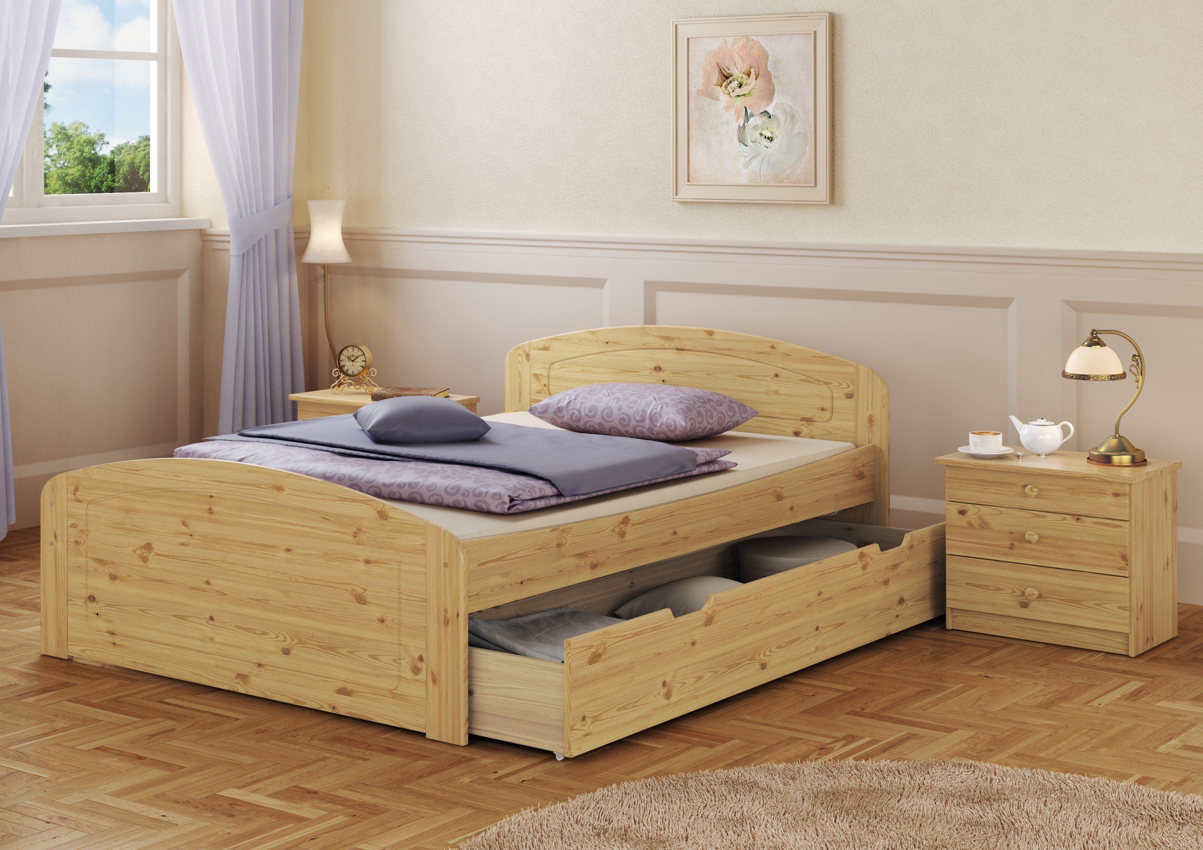 3 Kiefer + Federholzrahmen Kieferfarblos Staukästen, Bett Doppelbett lackiert ERST-HOLZ 140x200 +