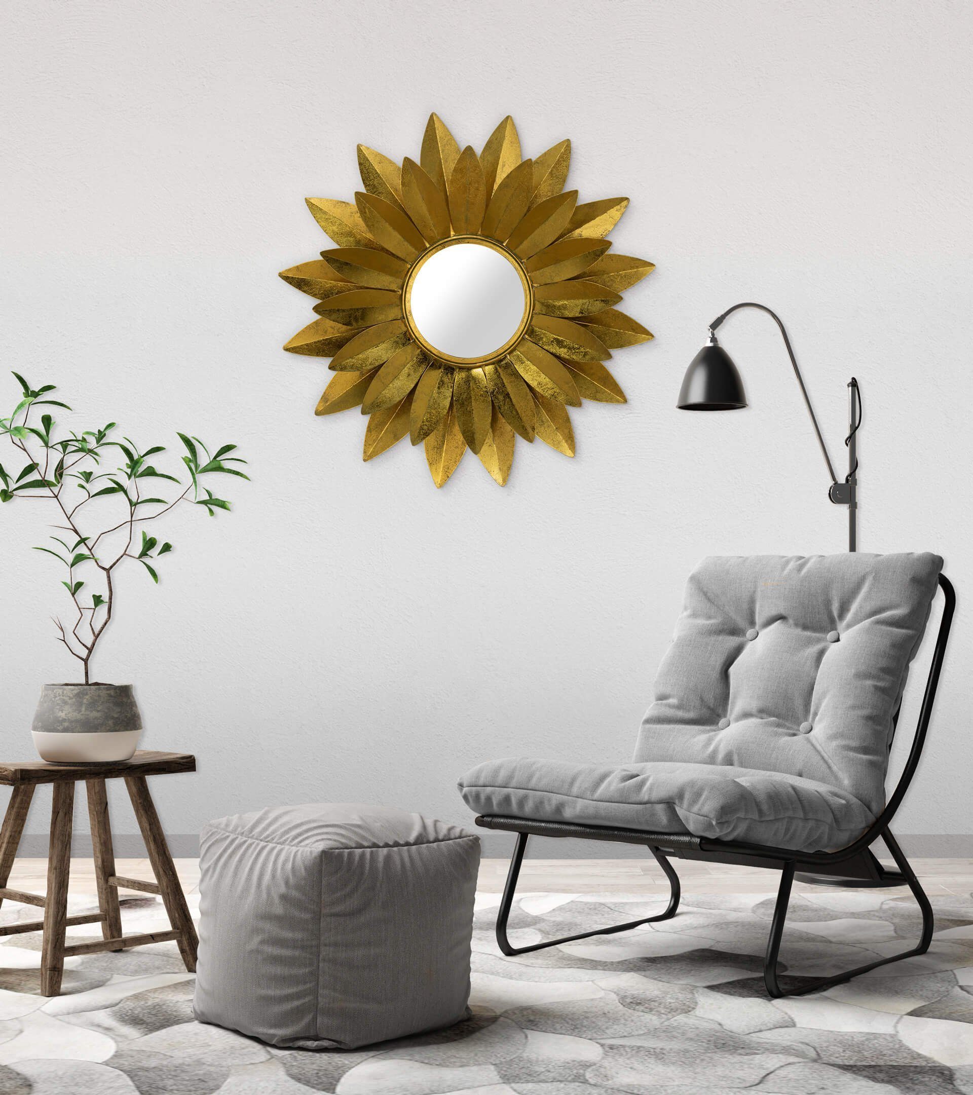 90x90x7 KUNSTLOFT handgefertigter Deko-Spiegel Metall Sonnenblumenring cm, aus Wandspiegel