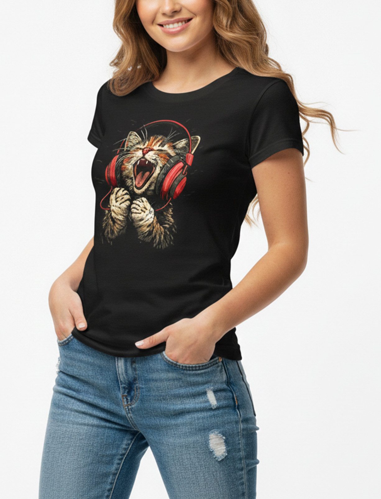 MAKAYA T-Shirt Damen Top mit DJ Katzenmotiv Print – Lustiger Look für Musikfans (Schwarz, S, M, L, XL) Baumwolle