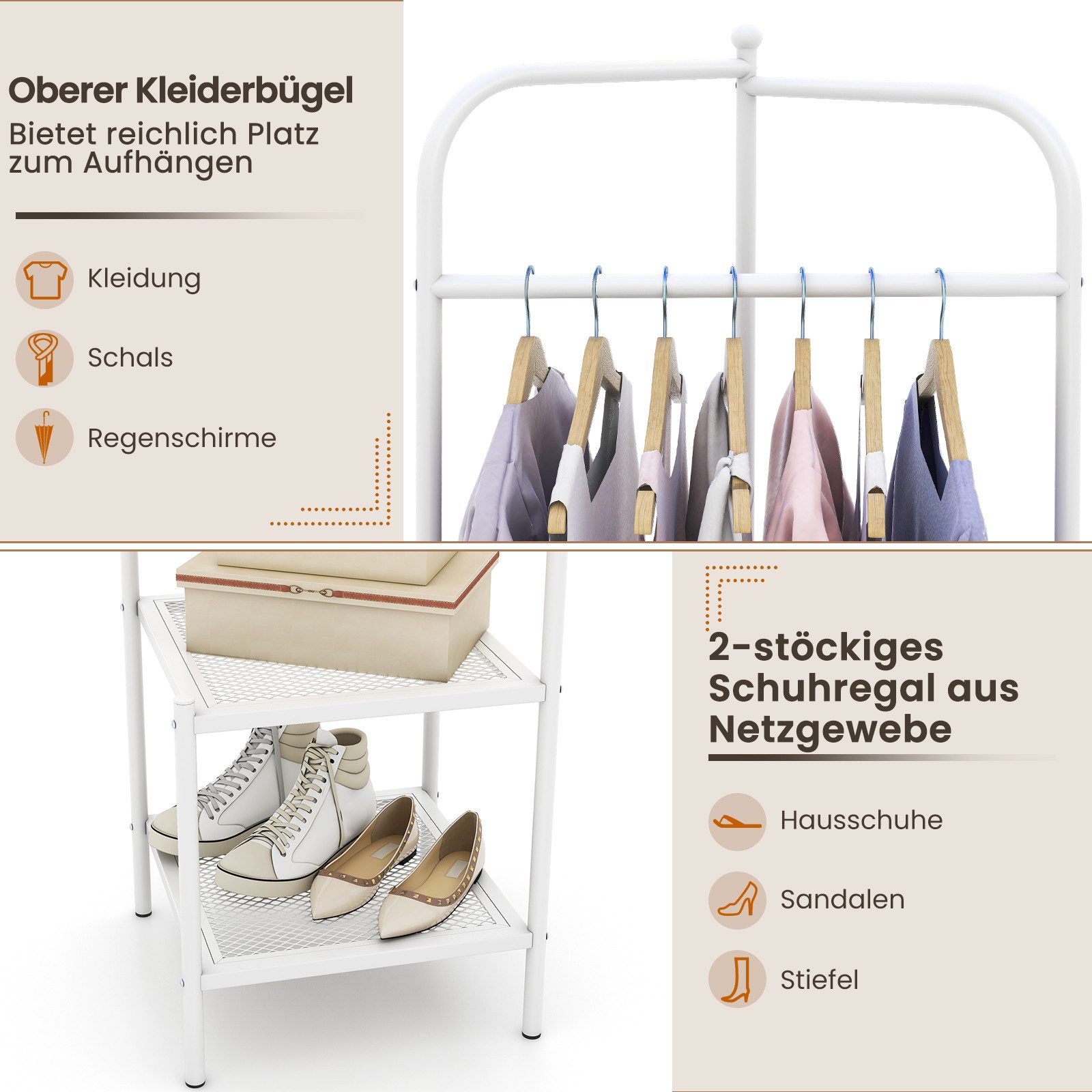 COSTWAY Kleiderständer, (1 St), Eck-Garderobenständer, Eckgarderobe, mit Regalen