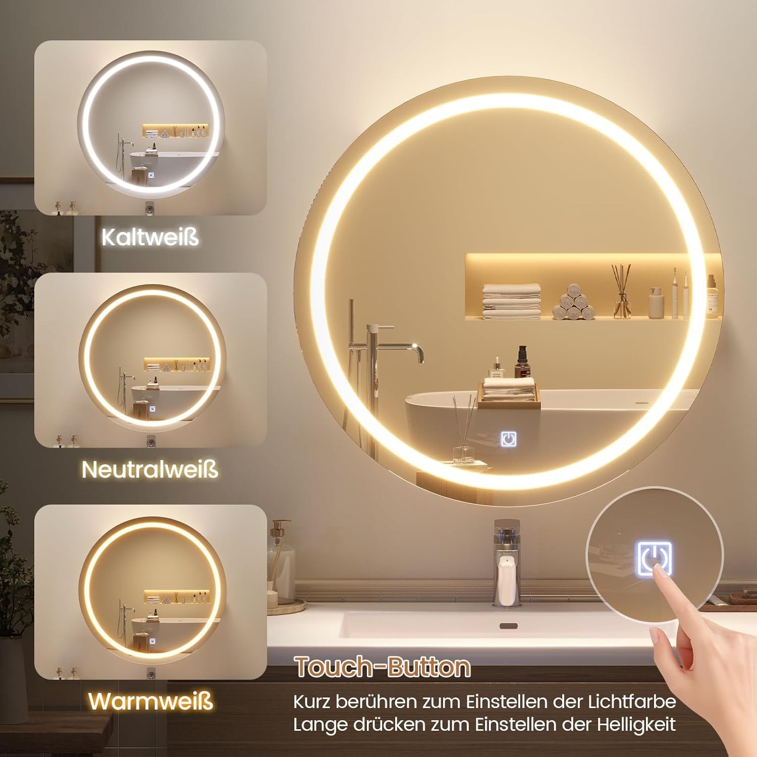MSMASK Badezimmerspiegelschrank Runder Spiegelschrank mit LED Beleuchtung, Weiß (1-St) Badspiegel Schrank mit Steckdose und Fönhalter – Bild 5 von 5