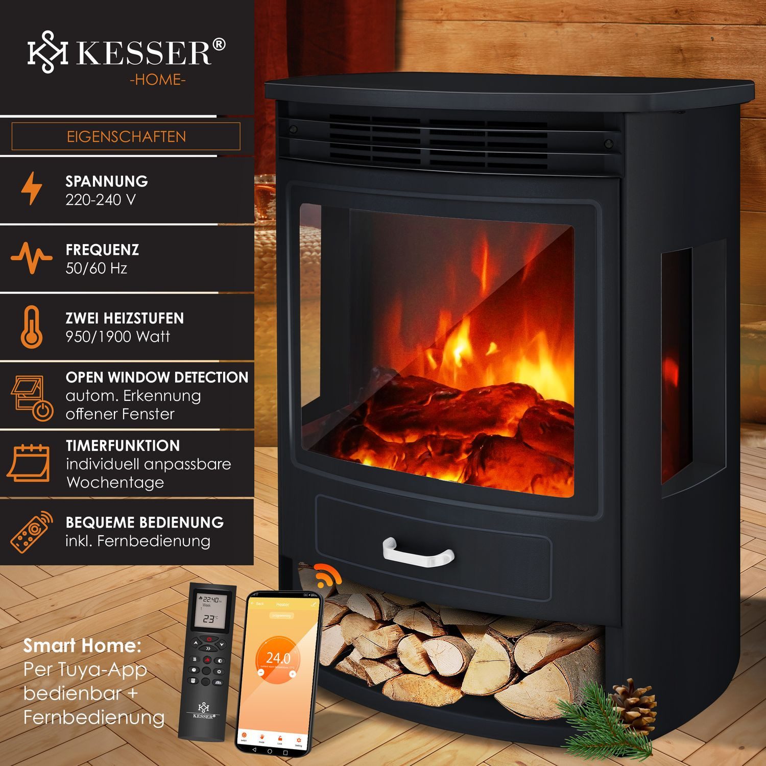 KESSER Elektrokamin, Prio Elektrokamin mit Heizung Heizlüfter Fernbedienung günstig online kaufen