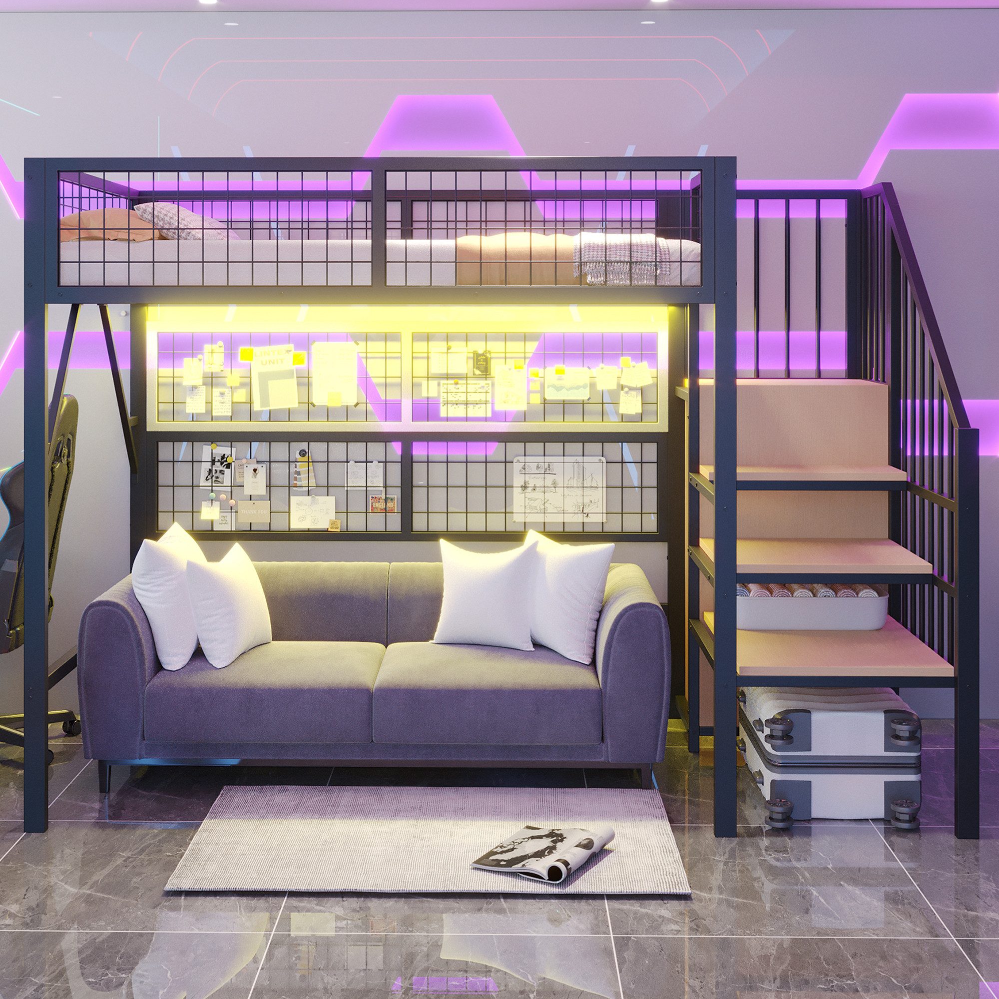 Merax Hochbett (Kinderbett Jugendbett Eisenbett, 1-St., App-gesteuerte LED-Leuchten) Metallbett 90x200cm mit LED Stauraumtreppe Kleiderschrank Gitter