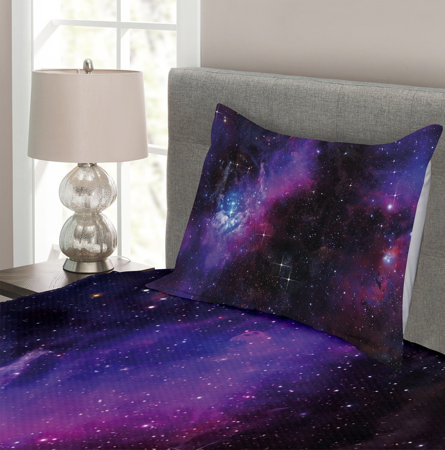 Tagesdecke Set mit Dunkle Weltraum Galaxie Kissenbezügen Waschbar, Nebula Abakuhaus, Sterne
