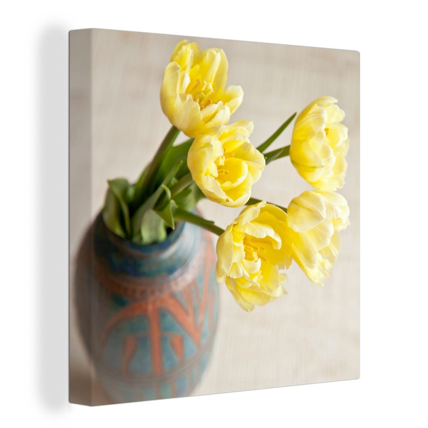 OneMillionCanvasses® Leinwandbild Gelbe Tulpen in einer Steinvase, (1 St), Leinwand Bilder für Wohnzimmer Schlafzimmer