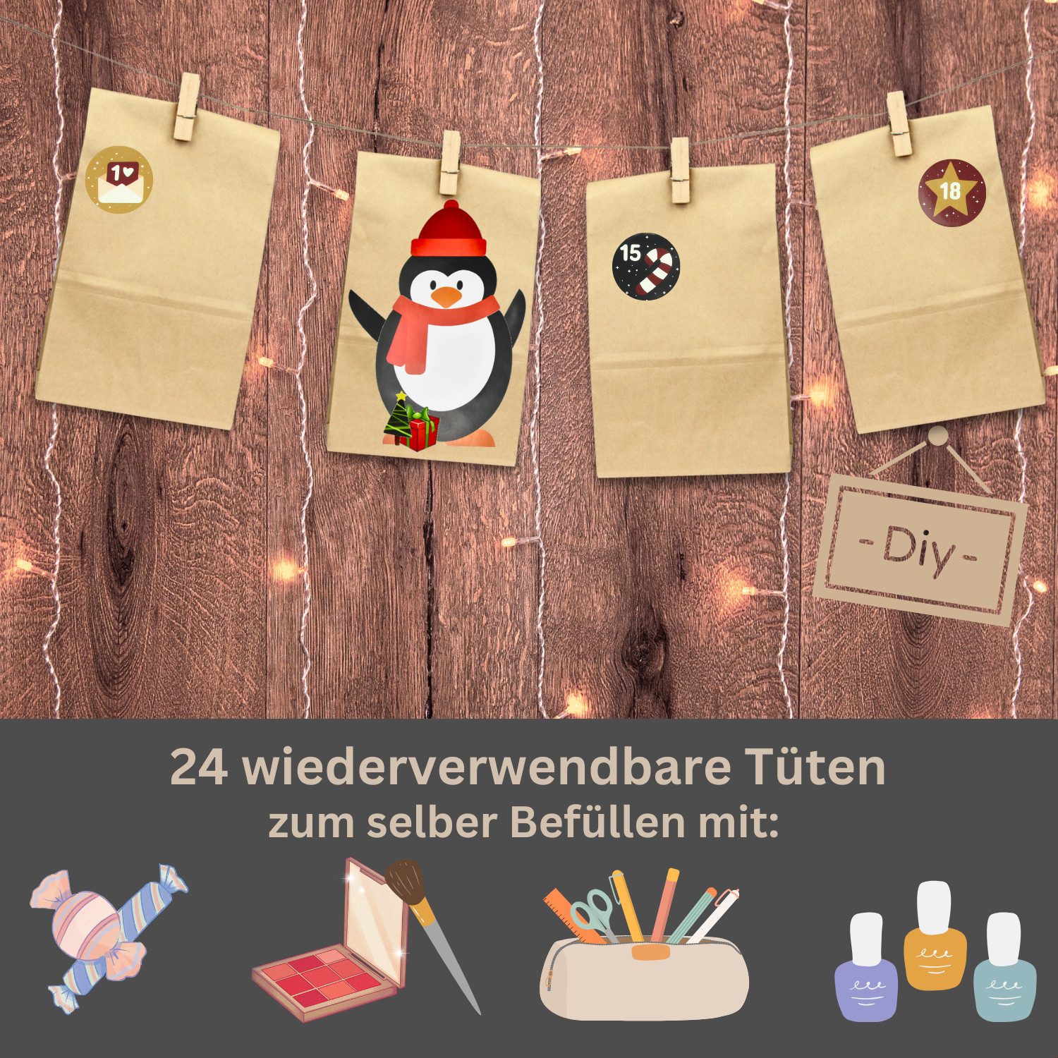 Fomax DIY-Adventskalender zum Befüllen, Komplettes SET mit Papiertüten, Klammern und Stickern, Weihnachtskalender selber machen, wiederverwendbar – Bild 5 von 5