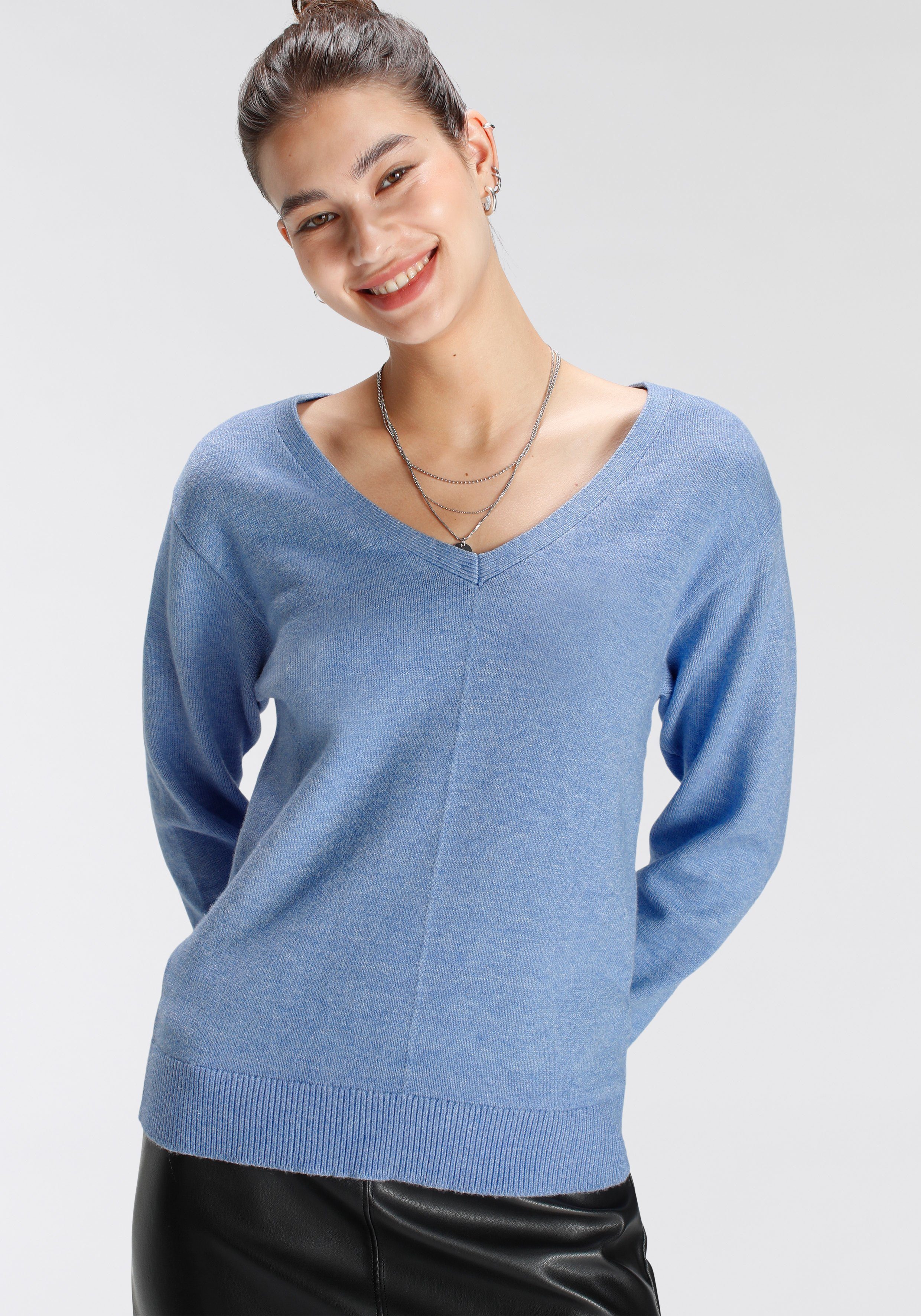 Tamaris V-Ausschnitt-Pullover mit Frontbiese hellblau melange