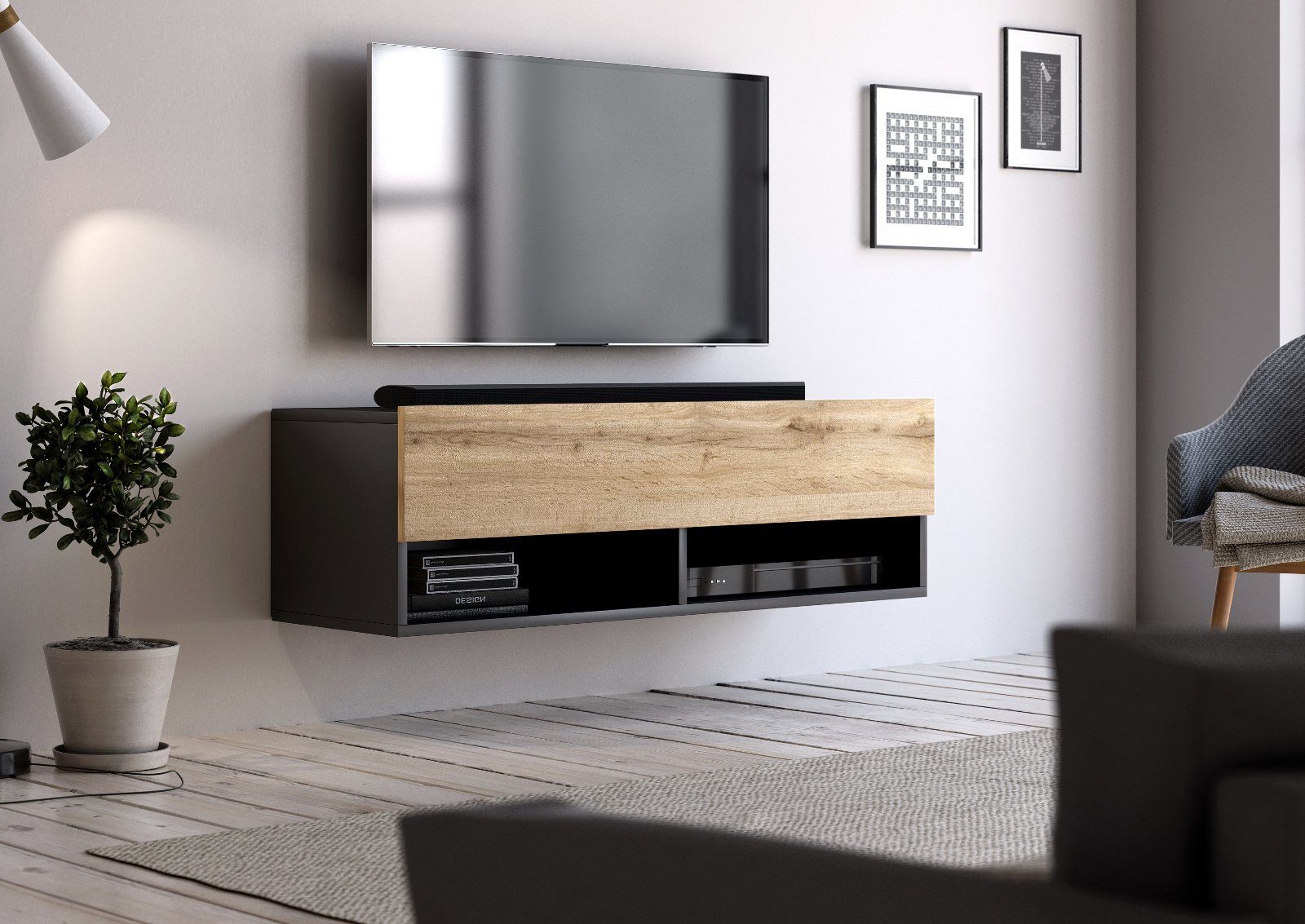 Lowboard oder cm), Board 100 Epsom hängend GuenstigEinrichten Wood Used Eiche, (Flat-TV in