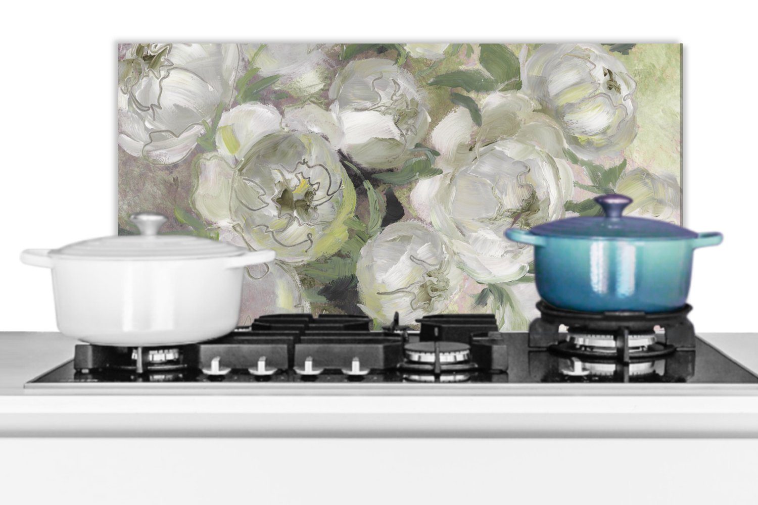 MuchoWow Küchenrückwand Blumen - Blätter Weiß, für - (1-tlg), Pflanzen Fett gegen und 60x30 Küchen - Wandschutz, Schmutzflecken cm